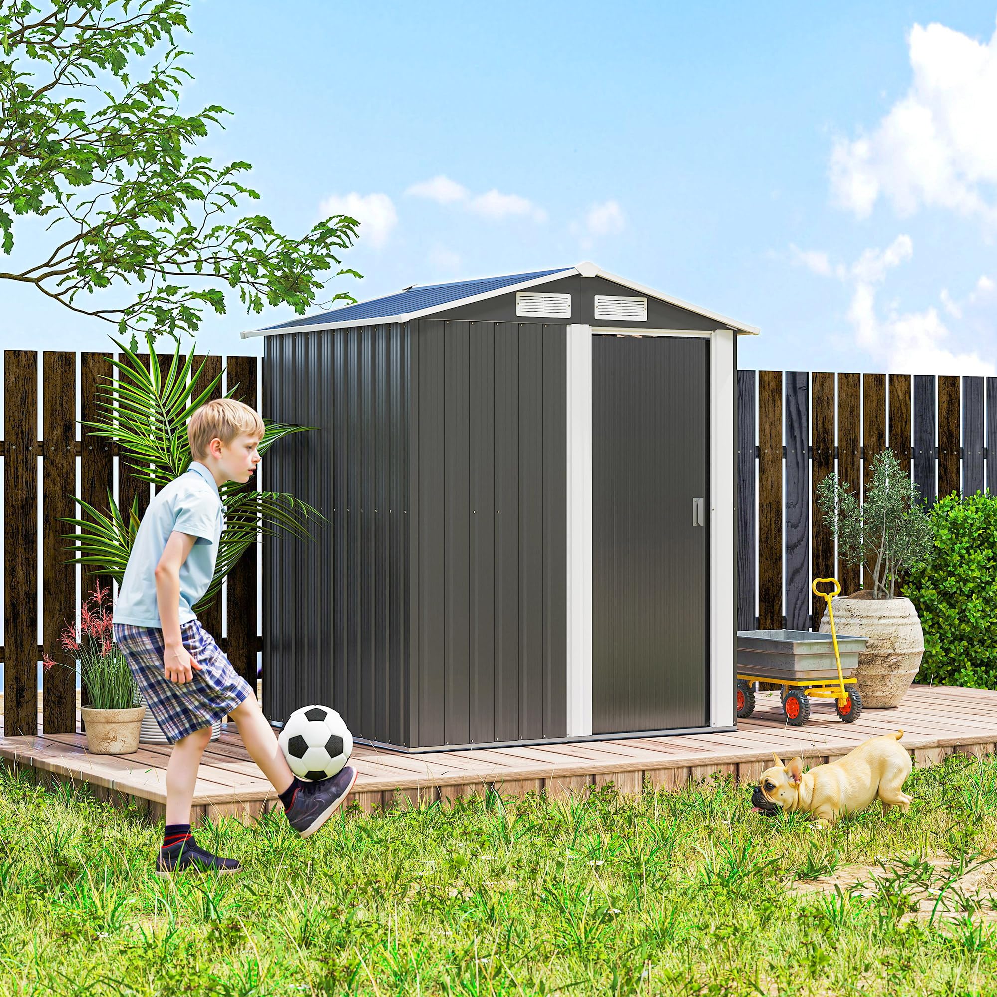Outsunny Casetta da Giardino 1.7m² in Acciaio Zincato con kit Fondazione, Capanno da Giardino Porta Attrezzi con Tetto Inclinato, 4 Prese d'Aria, Porta Scorrevole, 152x132x188 cm, Grigio Scuro