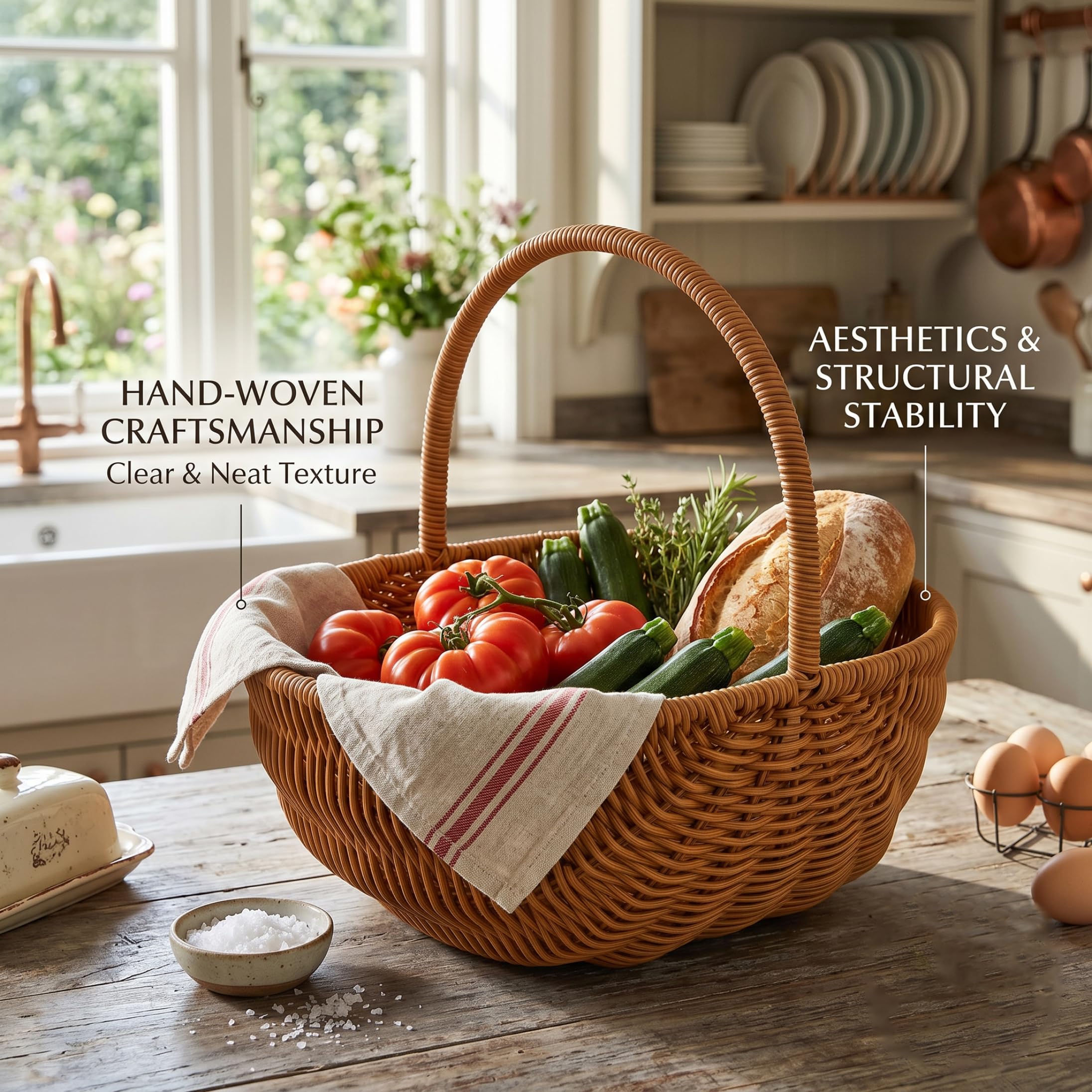 Weiden-Blumenkorb mit Griff, Weiden-Blumenkorb, handgeflochtene Kunststoff-Rattan-Körbe, braun, mittlere Größe.