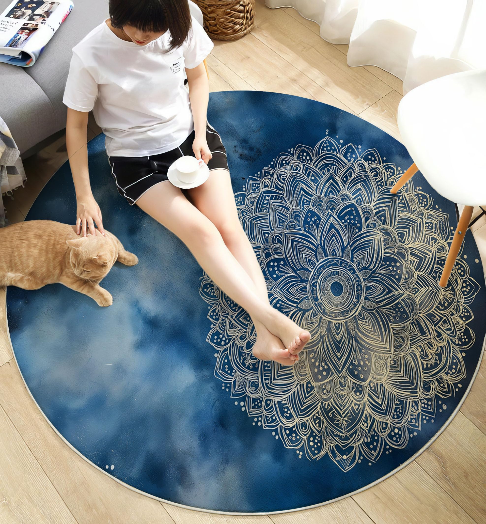 Tappeto Rotondo Salotto Tema Di Meditazione Tappetini Antiscivolo Tappeto Mandala Del Cielo Stellato Tappetini Pelo Corto per Bambini Cameretta Cucina Casa Zona Balcone Tavolino, 140 cm, Blu Scuro