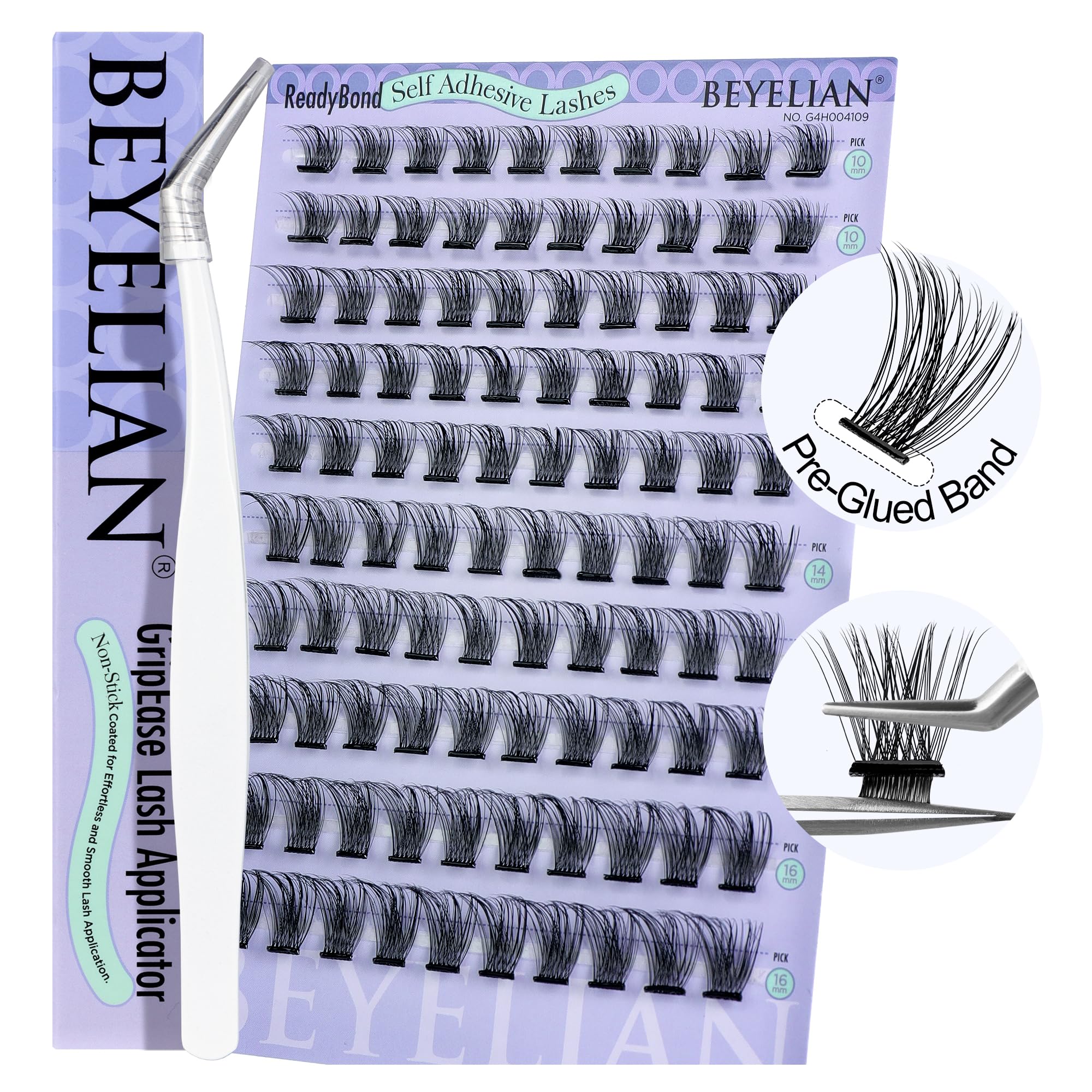 BEYELIAN Self Adhesive Eyelashes, D+ Curl Press On Lashes, No Glue Remover Needed Wispy Lash Clusters, 100 Pcs Self Stick Eyelashes, Waterproof Self Adhesive DIY Eyelash Extension Kit 10-16mm (Y03)