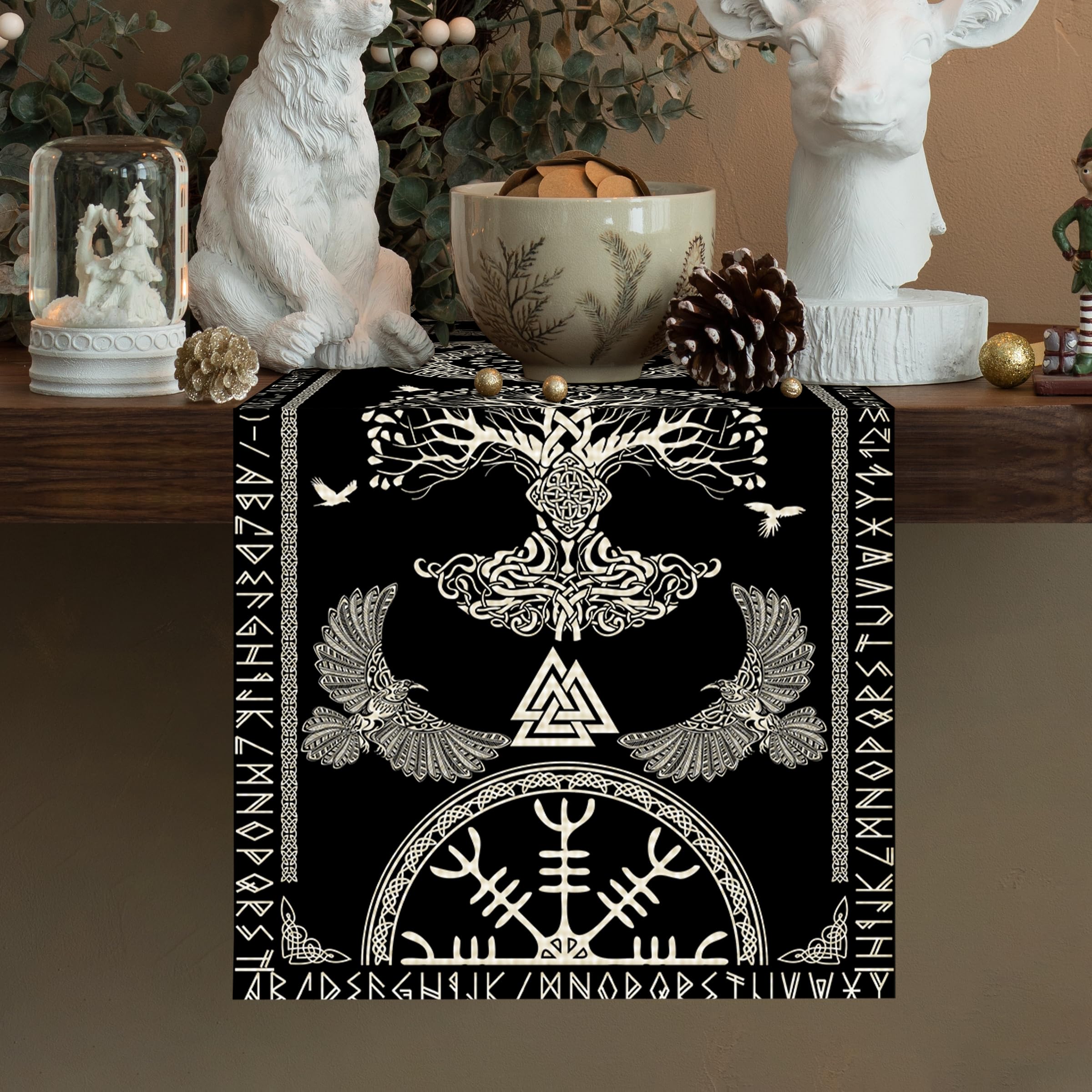 Black Viking Sacred Tree Celtic Raven Helmet of Awe Table Runner Seasonal Spring Fall Kitchen Dining Linen Table Decoration for Indoor Outdoor Home Party Dinner 13x72 Inch - Image 2