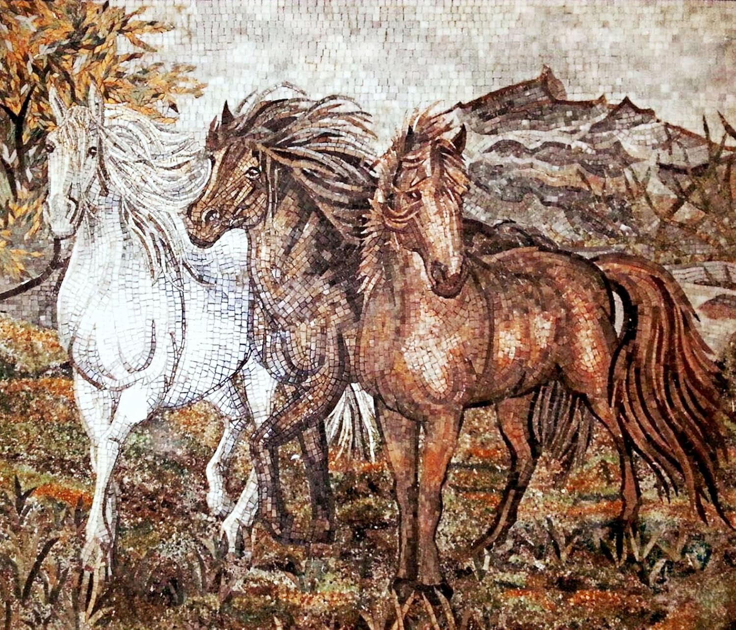 Handmade Running Horse Marble Mosaic Wall Art – Hand-Cut Natural Stone Equestrian Mosaic Tile Wall Art for Interior Wall Décor