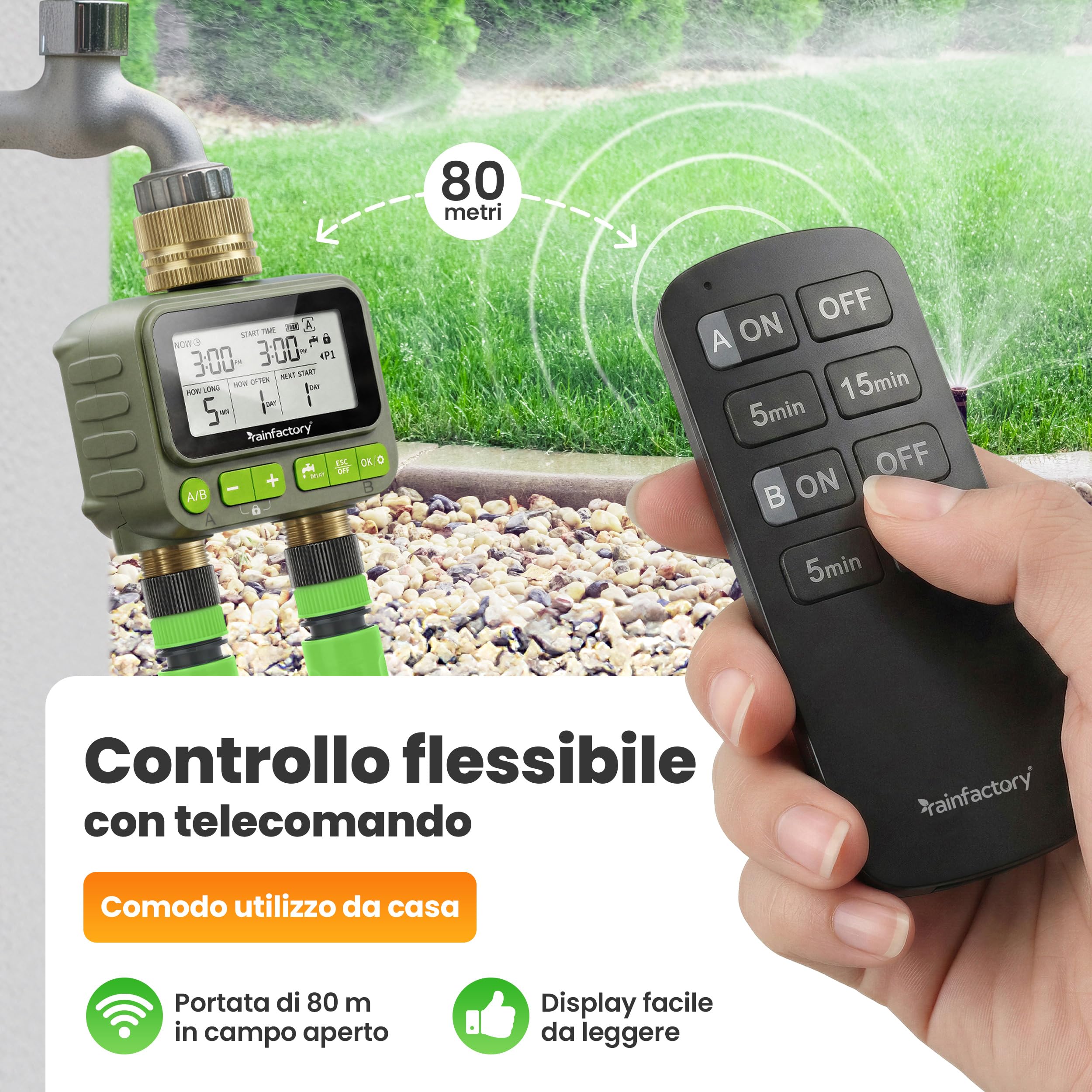 rainfactory - timer irrigazione 2 vie con telecomando, centralina irrigazione a batteria IP65, display LCD, 4 programmi, manuale, delay pioggia, raccordo ¾" per giardino, balcone, vasi e orto!