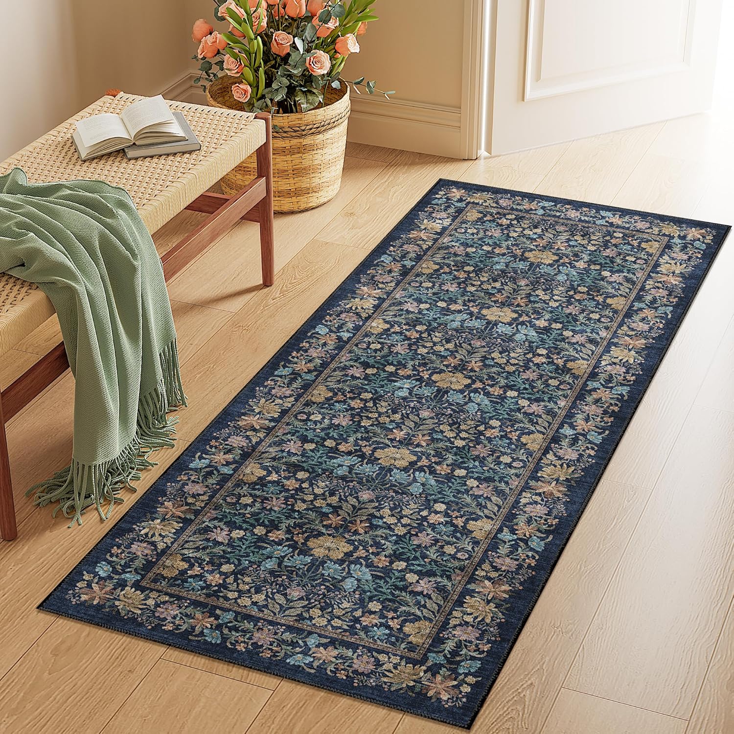 DUKINO 2x5 Washable Runner Rug, Floral Non Slip Bathroom Rugs with Soft Low Pile Design, Lightweight Non-Shedding Carpet Runner for Bathroom, Kitchen, Hallway, Bedroom, Laundry, Dark Blue