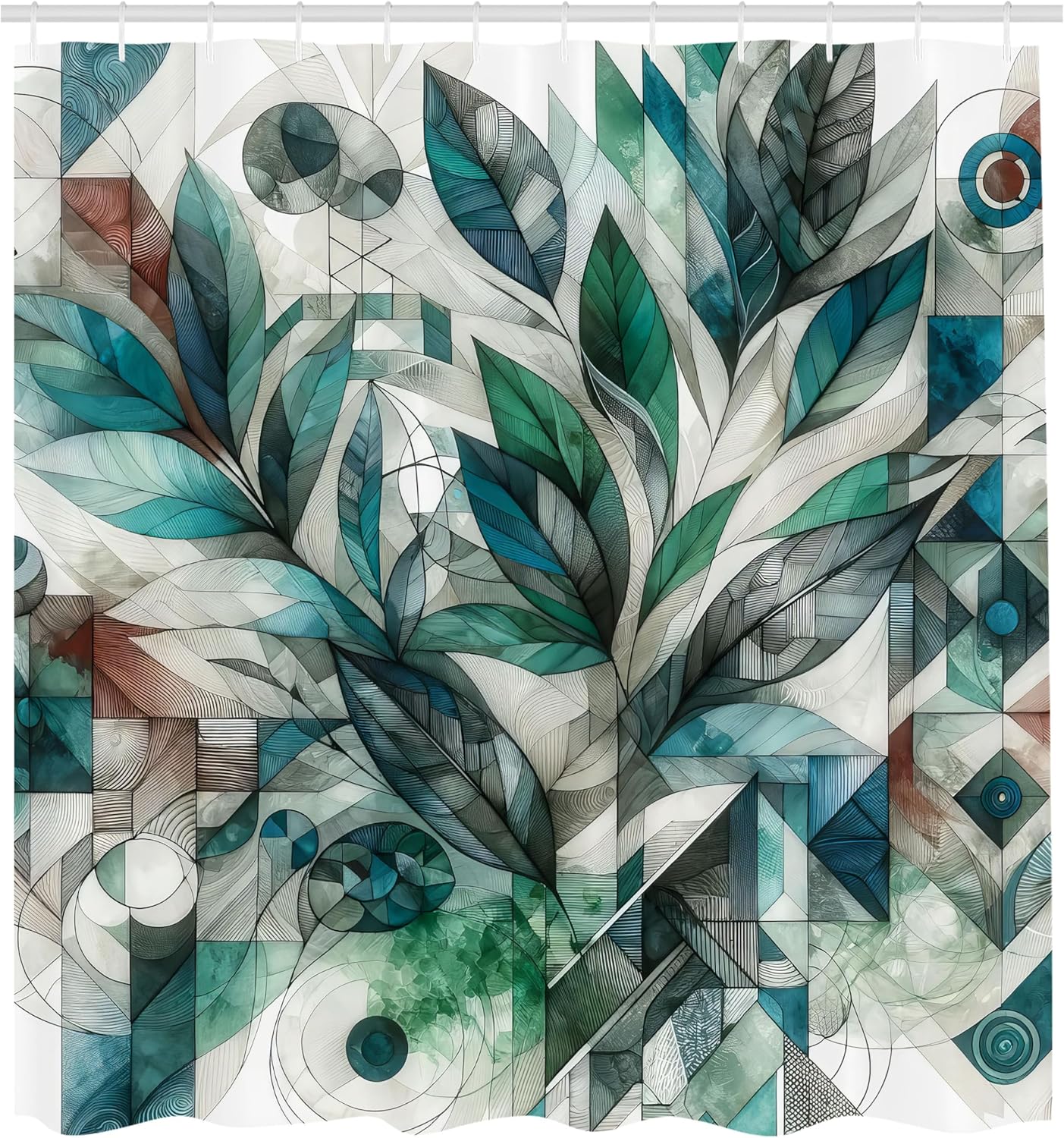 Ambesonne Teal Shower Curtain, Jumble Design of Dreamy Intricate Leaves with Futurist Geometric Rounds, Cloth Fabric Bathroom Decor Set with Hooks, 69" W x 75" L, Seafoam Fern Green Grey