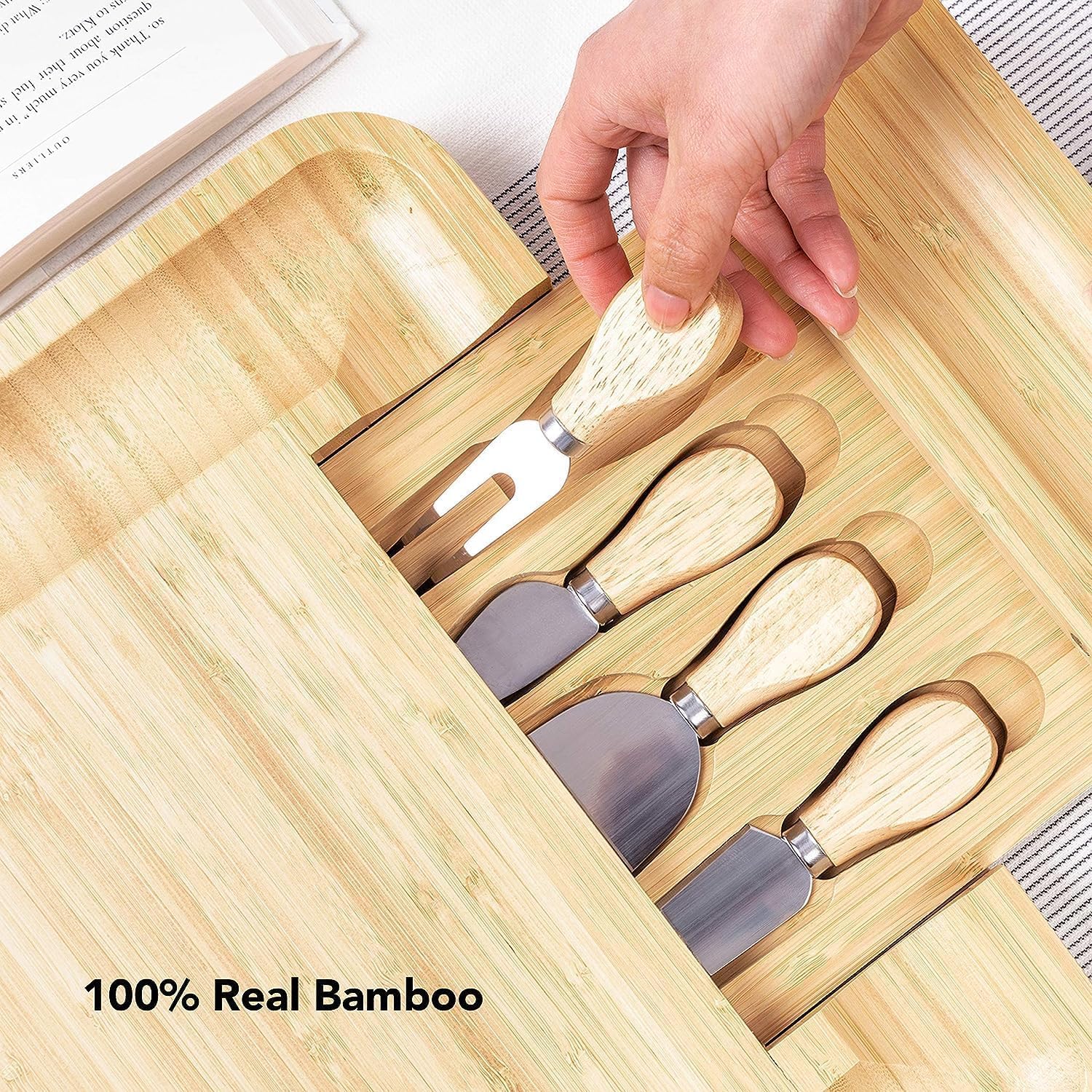 Shyam International Premium Bamboo Cheese Board Set with Cutlery Drawer - Wooden Charcuterie Serving Platter with 4 Stainless Steel Knives - Perfect for Wine, Parties, Gifting & Entertaining 2