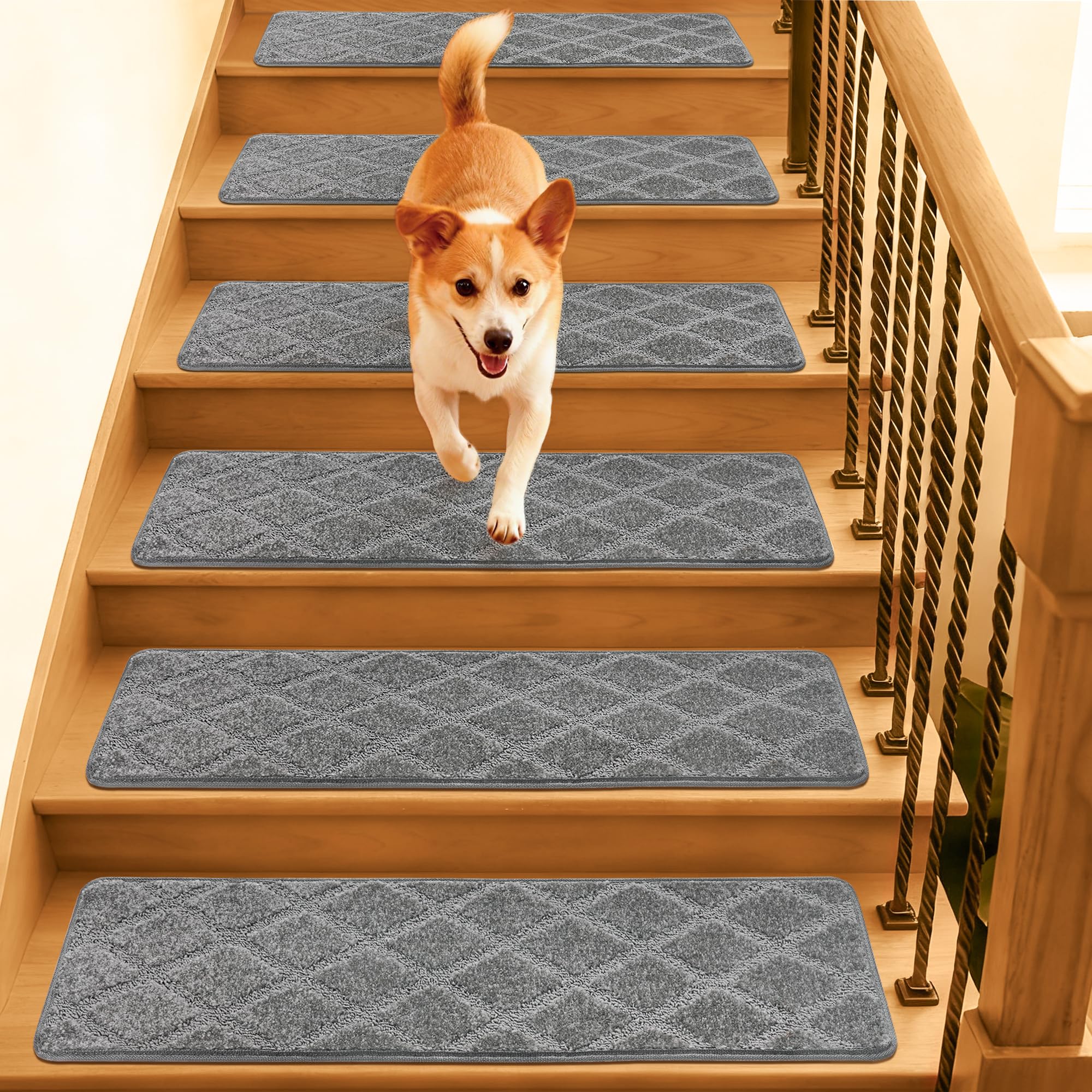 BONACA 9"x32" Stair Treads Non Slip Indoor, 4 Pcs Carpet Stair Treads for Wooden Steps, Washable Reusable Peel and Stick Adhesive Stair Runner Rug for Kids Elders Pets - Diamond Pattern Grey