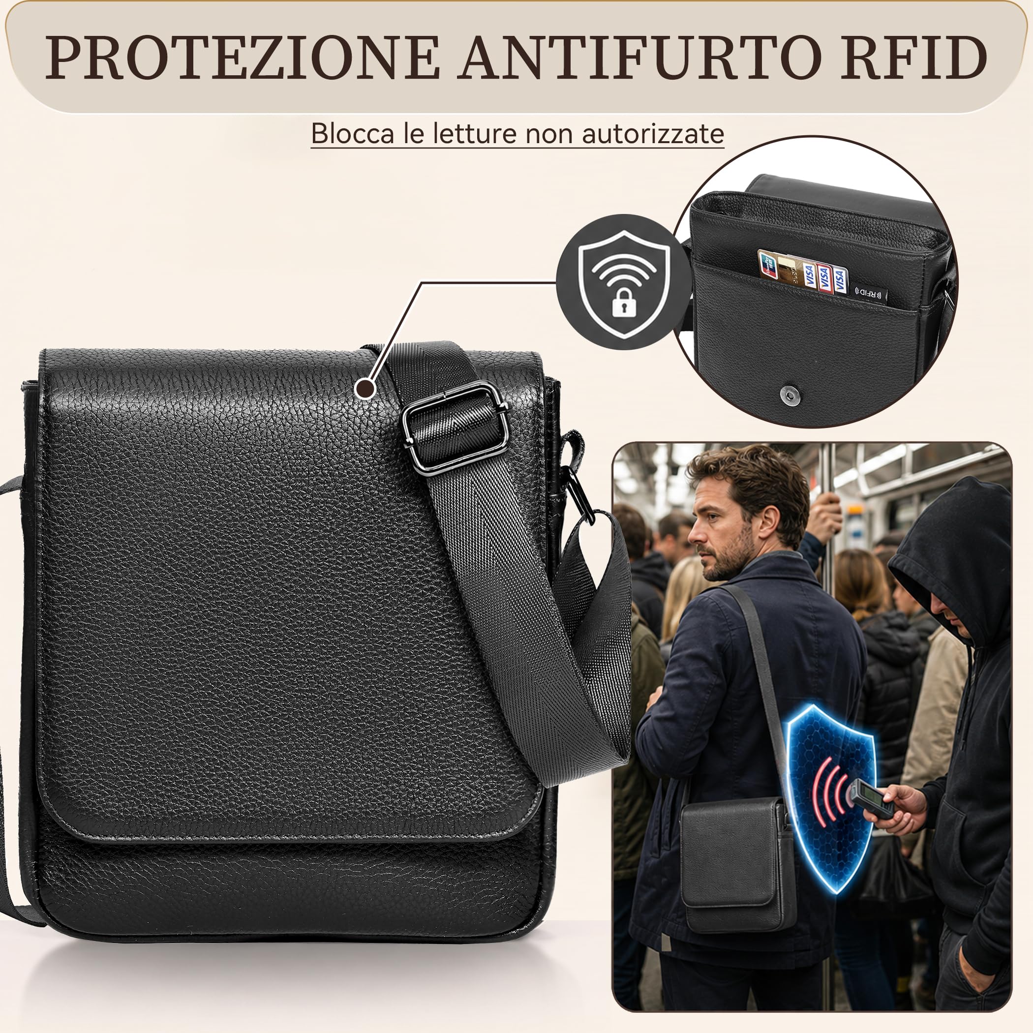 Eshow Borsello Uomo Tracolla in Pelle Genuina con Protezione RFID | Borsa Antifurto per Lavoro Viaggio e Tempo Libero