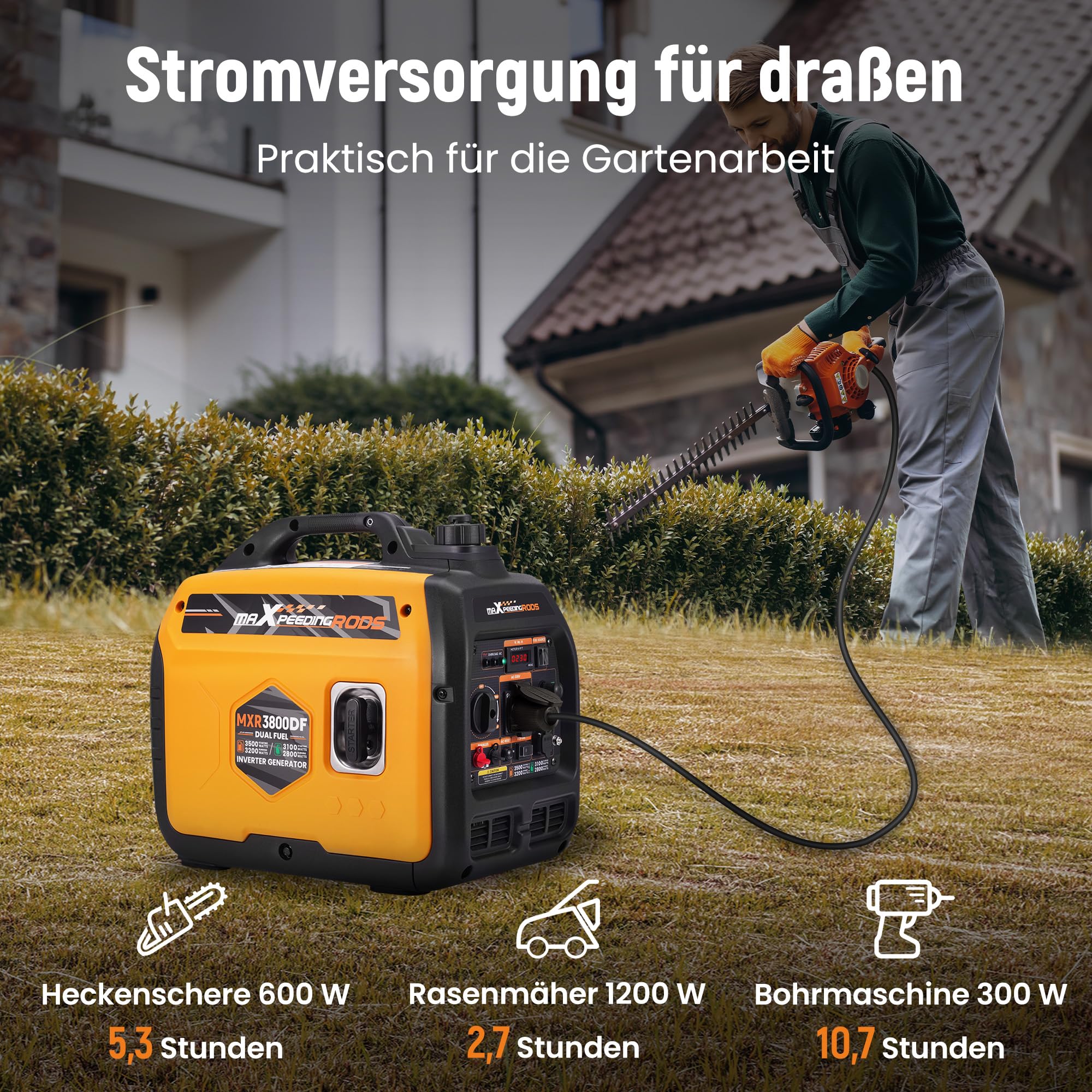 maXpeedingrods 3500W LPG/Benzin Inverter Stromgenerator Generator Gas Leise Stromerzeuger Dual Fuel Notstromaggregat mit 230 V / 16 A Steckdose; 2 × USB-Anschlüsse für Camping Garage Reise Outdoor