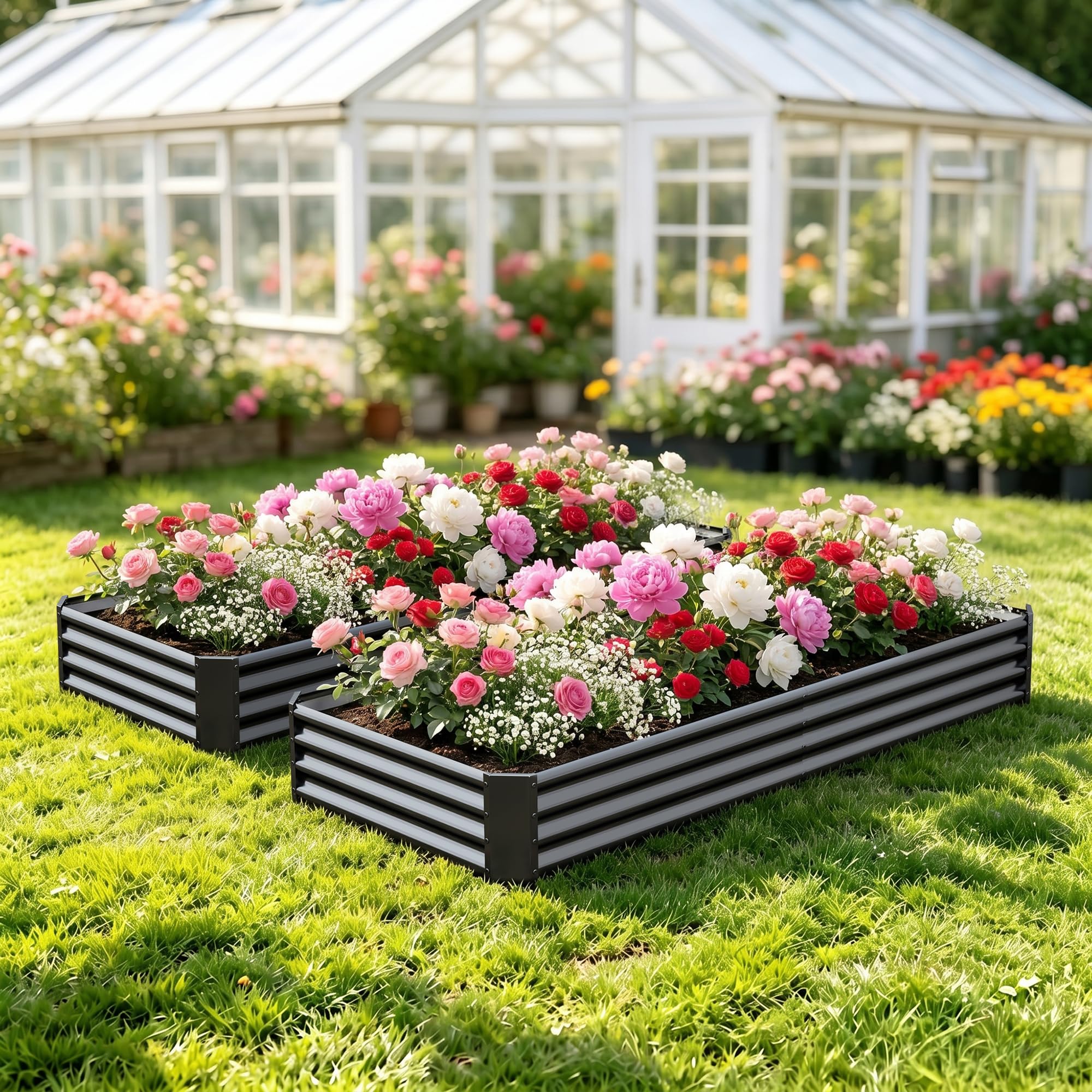 Hochbeet-Set aus verzinktem Metall, 1,8 x 0,9 x 0,3 m, verzinkter Stahl, 2 Stück, Stahl-Set mit offenem Boden, für Gemüse, Blumen, Kräuter, Obst, Schwarz