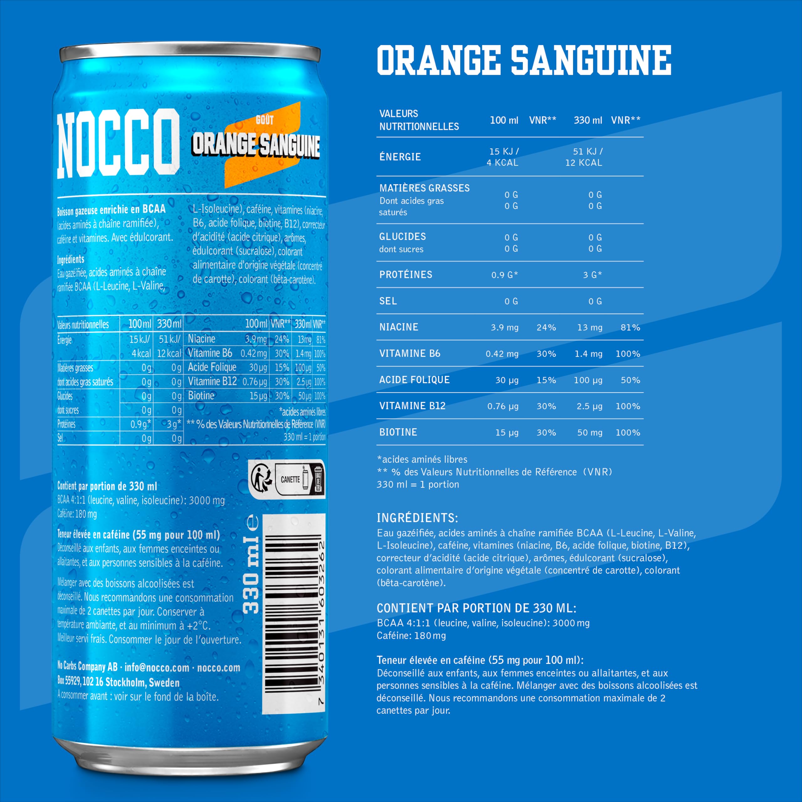 NOCCO Energiegetränk mit Blutorange, 180 mg, Koffein, 24 x 330 ml, Energiegetränke, ohne Zucker BCAA (Blood Orange Del Sol)