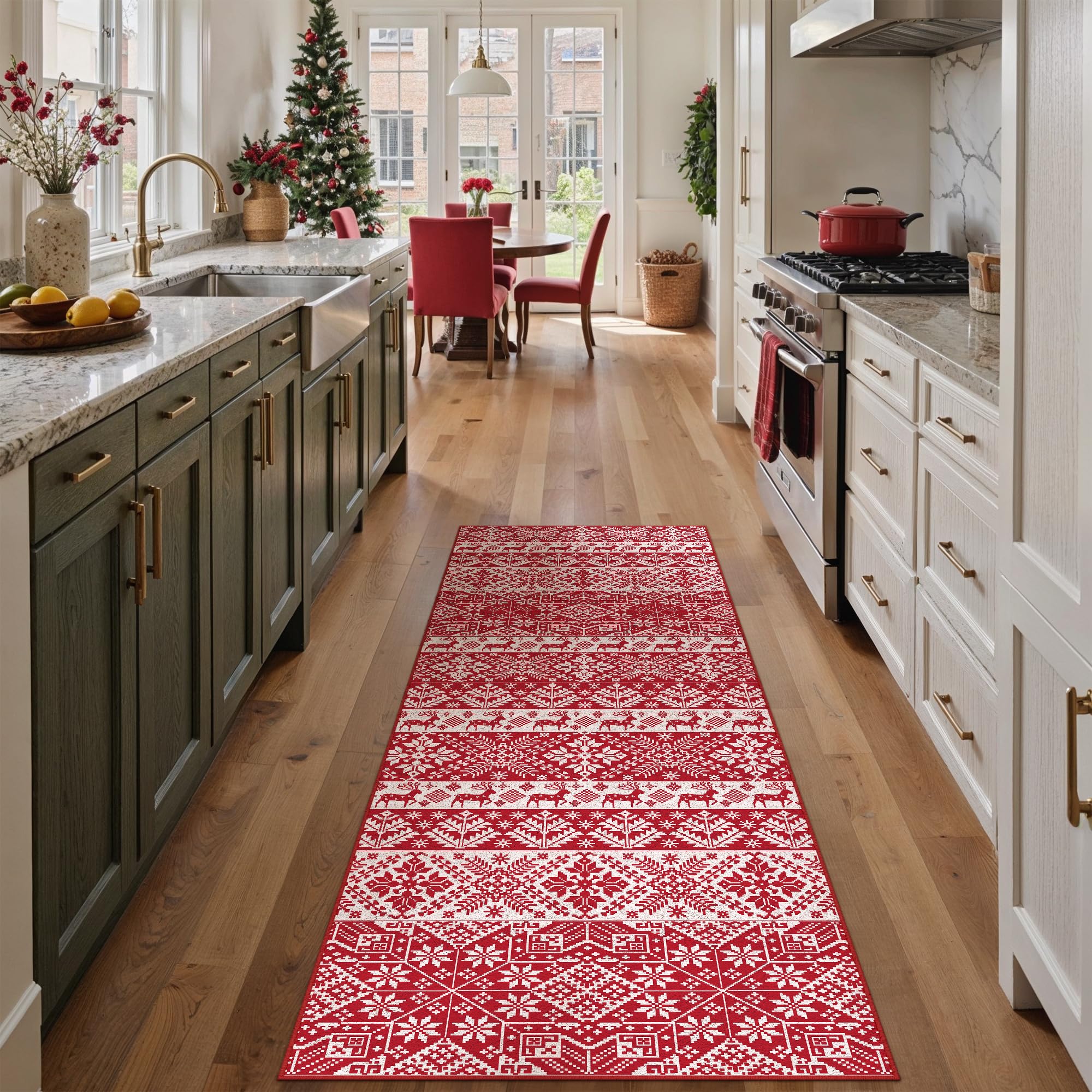 Tapis de couloir de Noël lavable flocon de neige antidérapant 60 x 180 cm rouge PureCozy