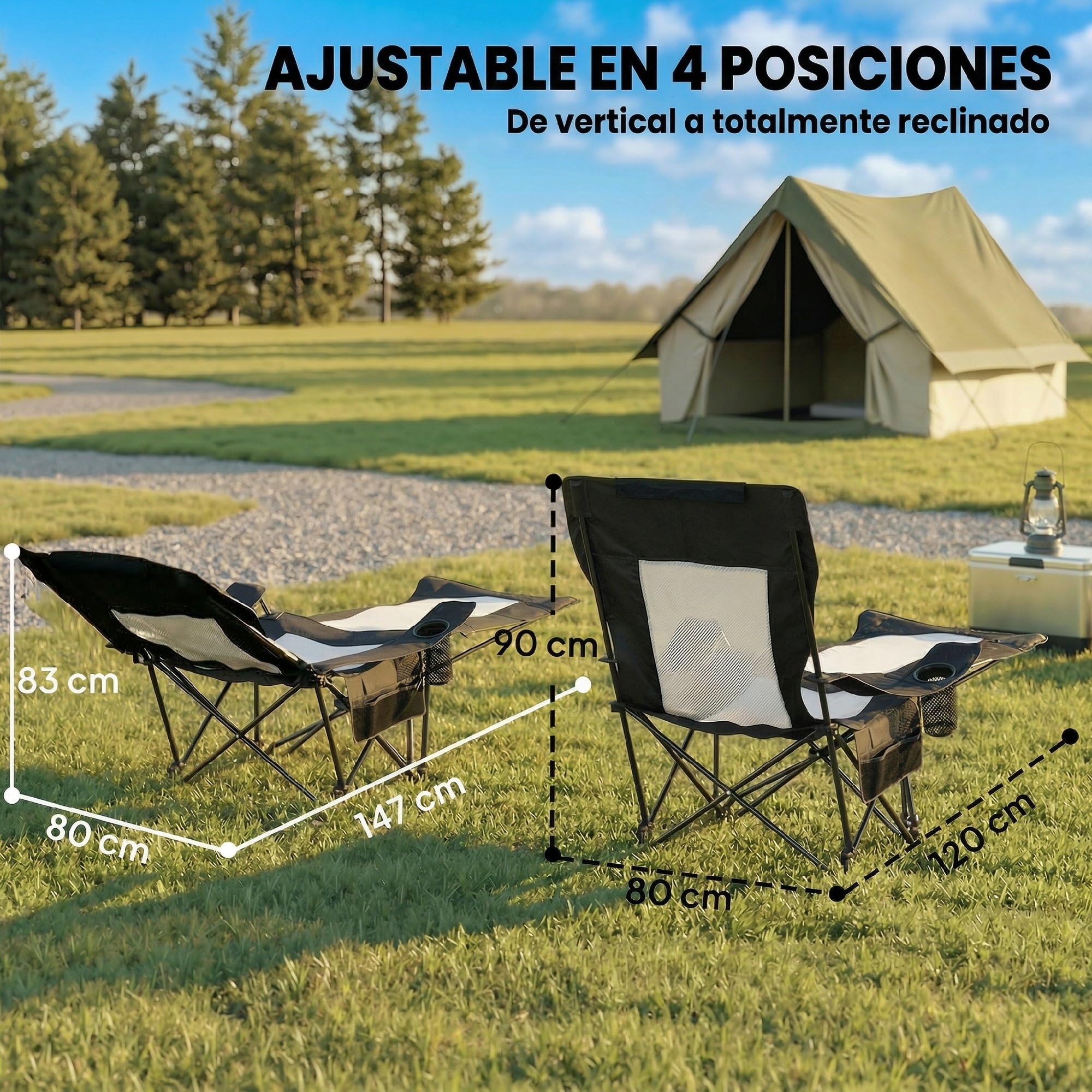 Outsunny Conjunto de 2 Sillas Plegables Camping Tumbonas Camping Portátiles con Respaldo Ajustable 4 Niveles Reposapiés Desmontable Reposacabezas Portavasos Bolsillo Lateral Bolsa Carga 120 kg Negro