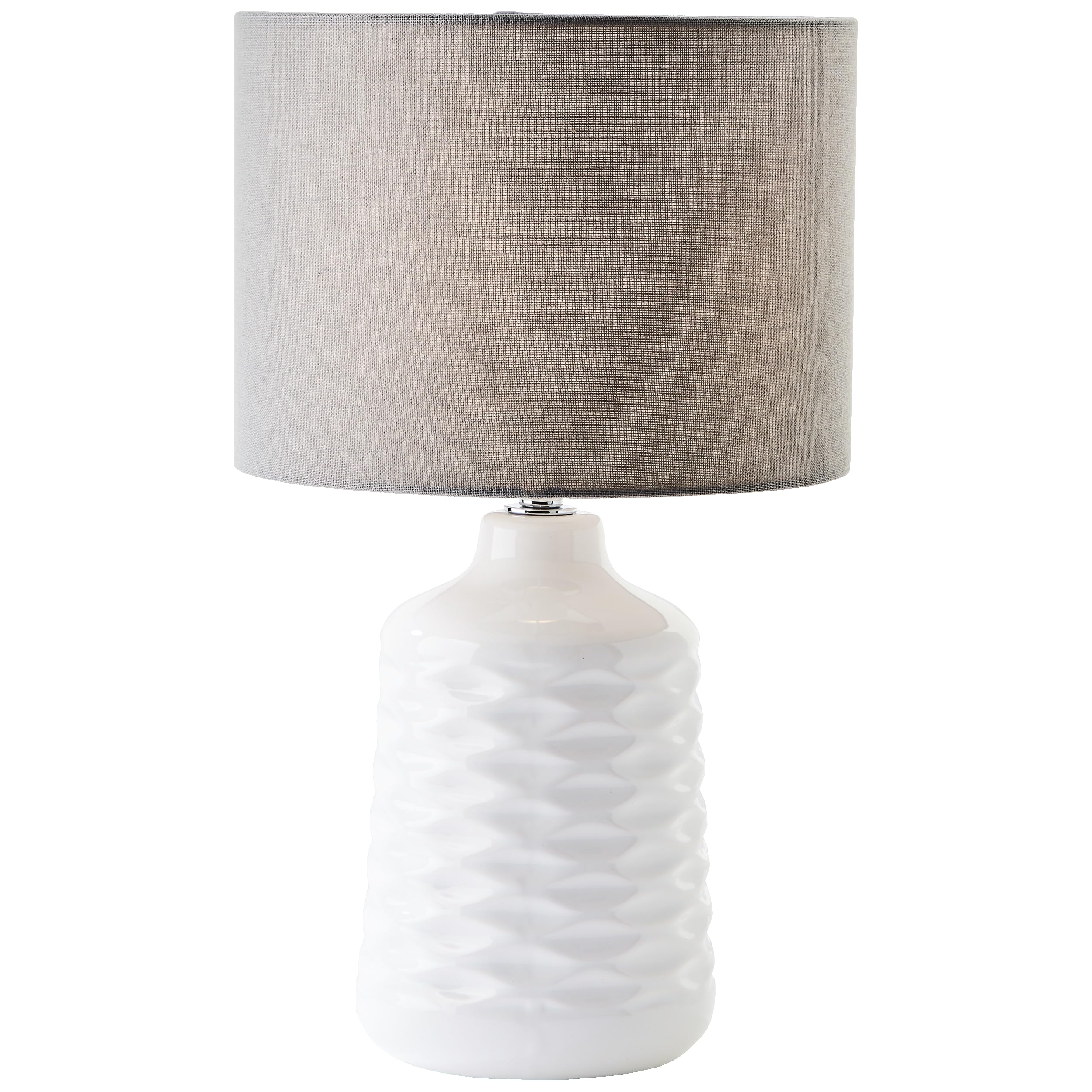 lampada da tavolo in ceramica bianca con paralume in tessuto grigio - | Lampada da tavolo, altezza 42 cm, Ø 25 cm, interruttore, E14, max. 40 W, bianco/giallo