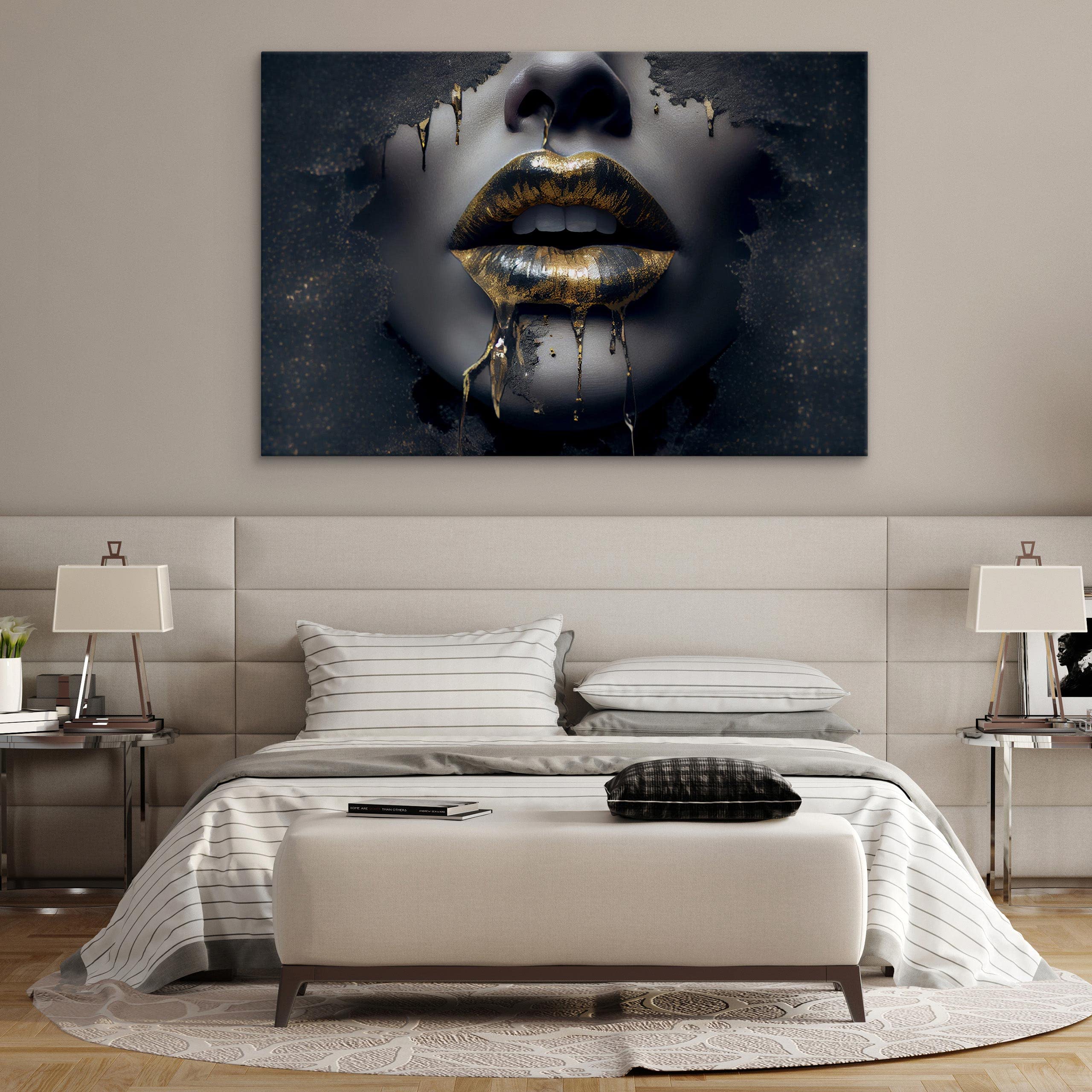 Muralo Tableau Décoration Murale Visage Doré Lèvres Femme - 120x80 cm
