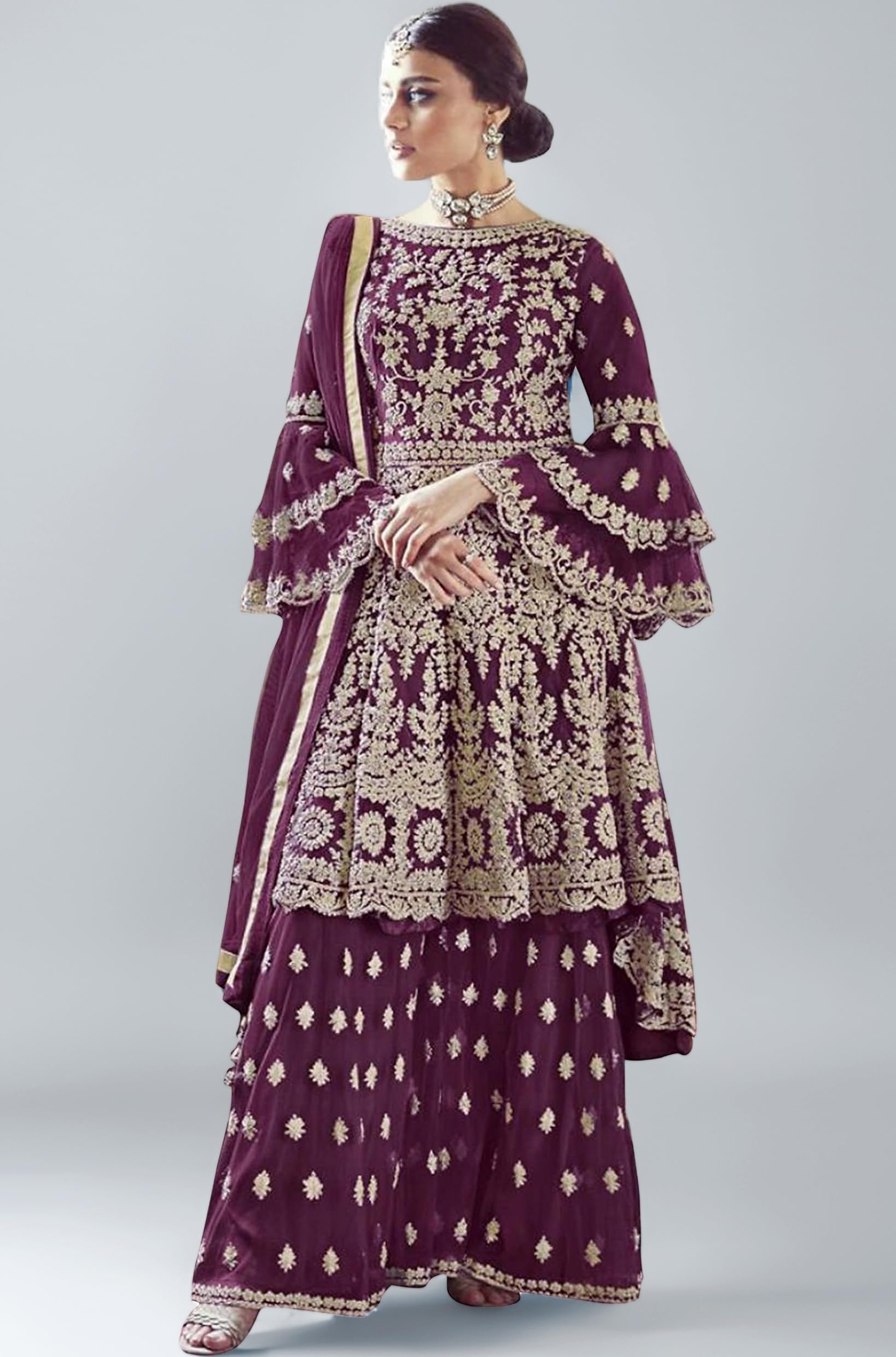Miss Ethnik Women's Net Semi Stitched Top With Bottom and Dupatta Embroidered Flared Top (Kurta Palazzo Set)