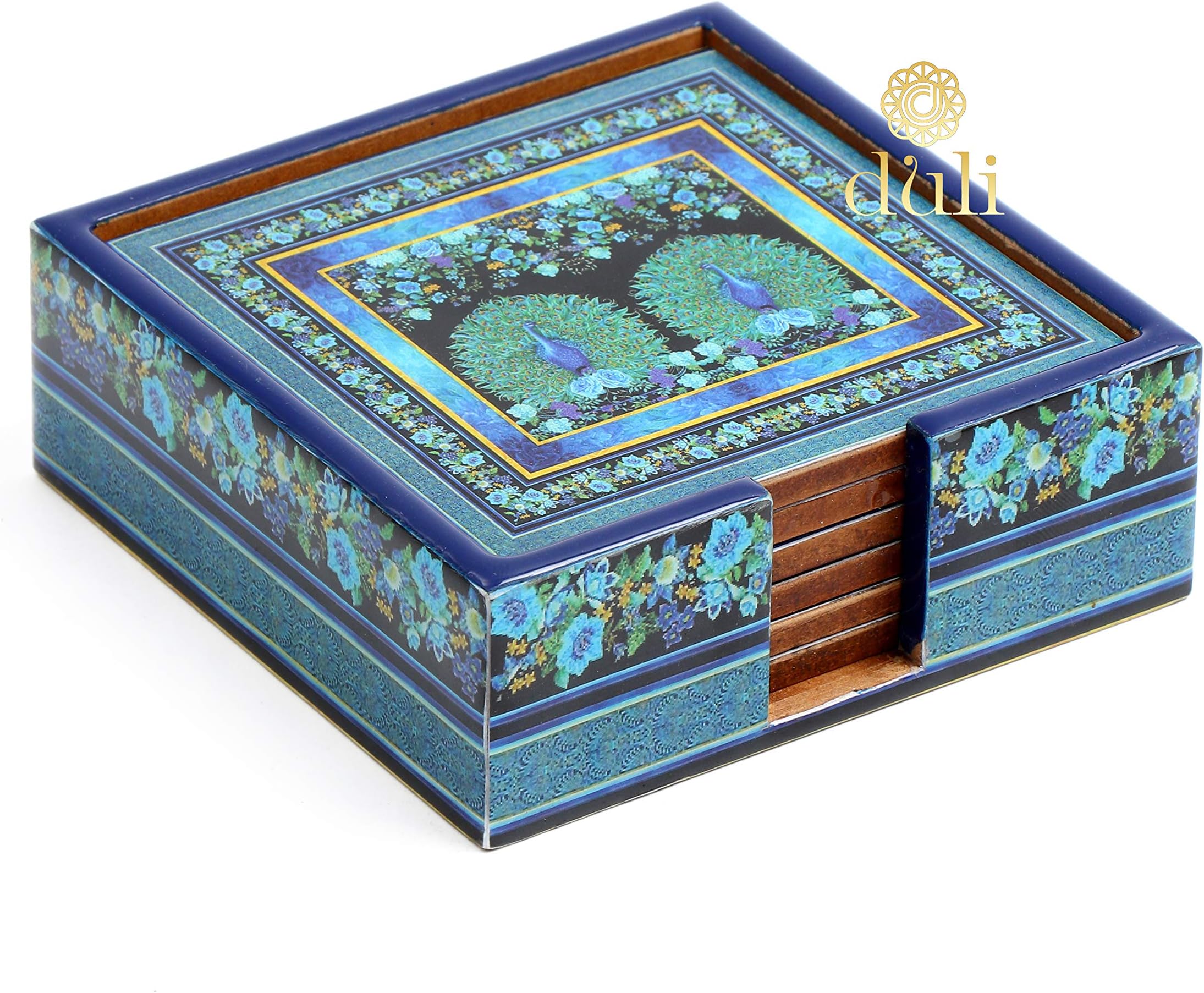 DULI Set of 6 MDF Wood Tea Coasters with Stand (10 * 10 cm) (2 Peacocks Blue)