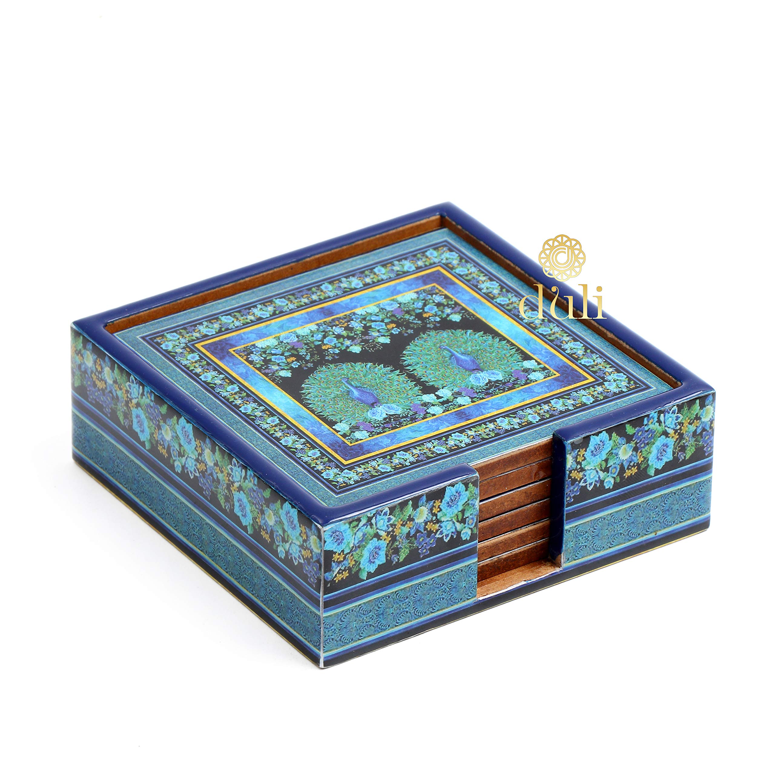 DULI Set of 6 MDF Wood Tea Coasters with Stand (10 * 10 cm) (2 Peacocks Blue)