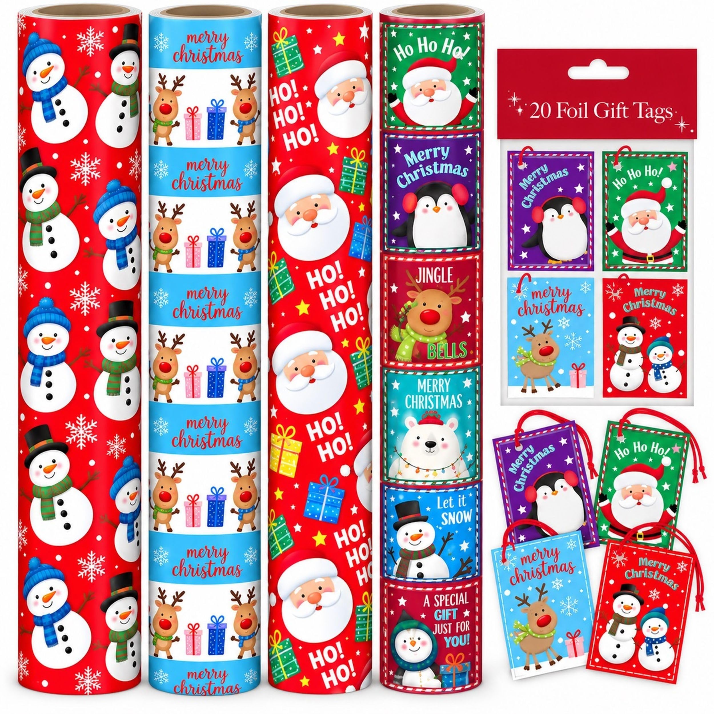 4 x 7M Christmas Gift Wrapping Paper Roll - Cute Kids Wrapping Paper - Festive Xmas Wrap - Cute Christmas Characters - 7M x 70cm - Complete with 20 matching tags.