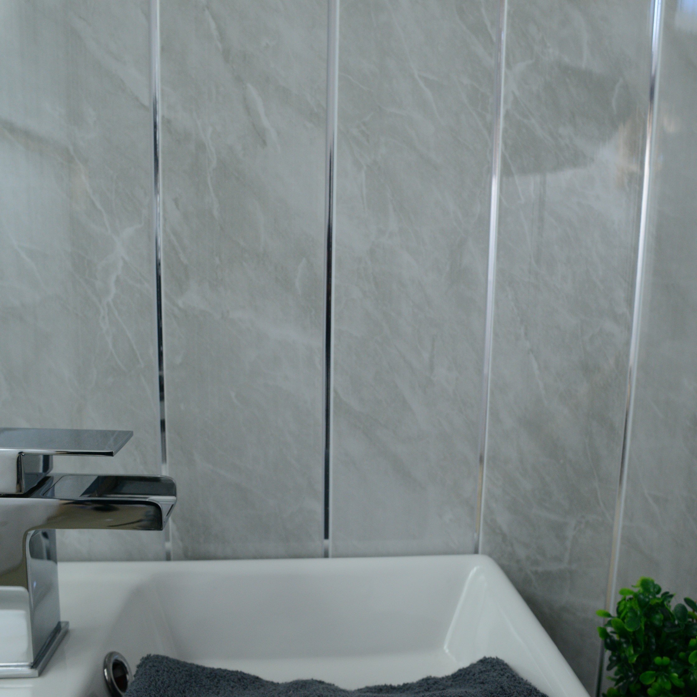 Buy Claddtech Grey marble wall panels with chrome silver strips