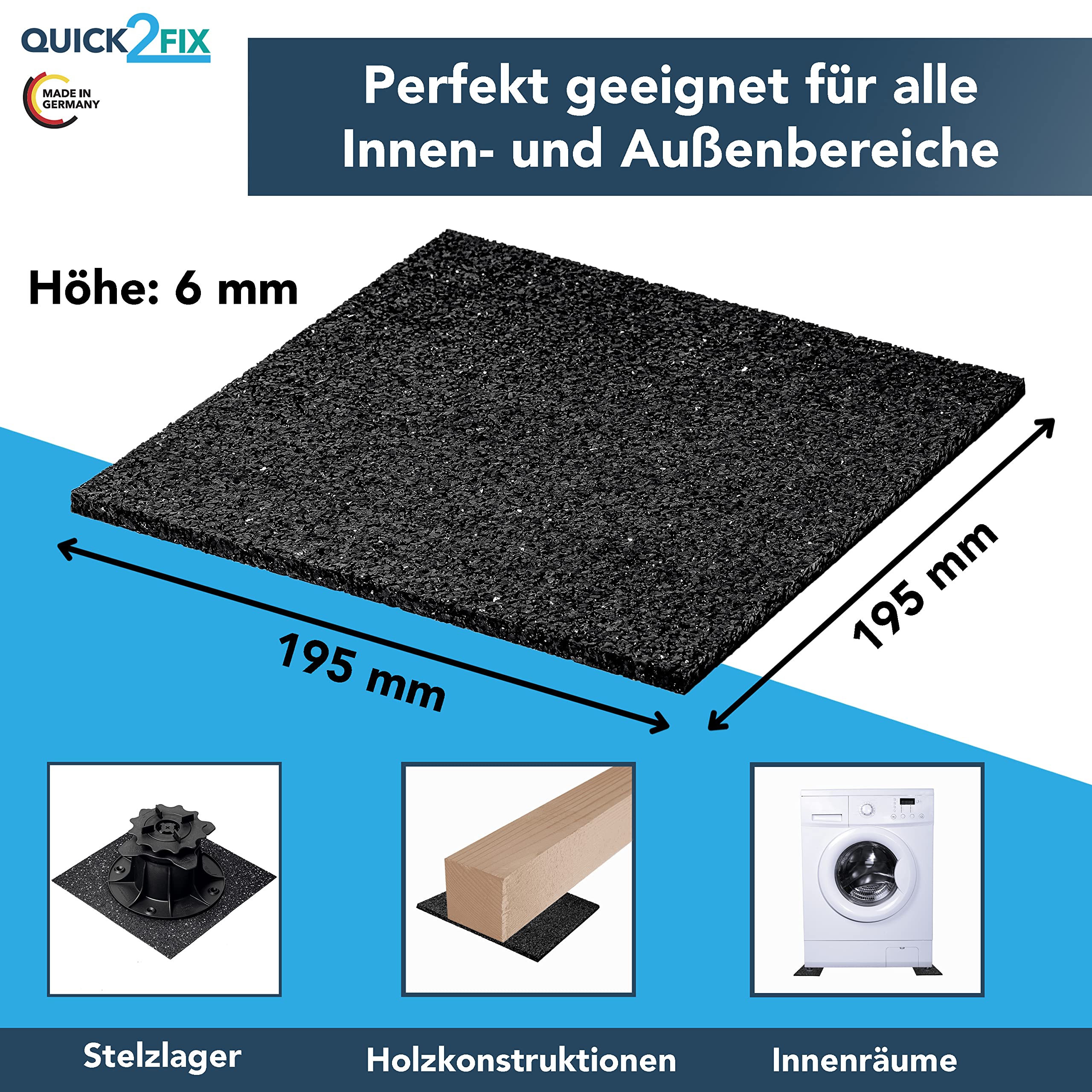 24 Stk. Terrassenpads für Stelzlager (Gummi-Pads 195 x 195 x 6,0 mm) für eine stabile Terrassenkonstruktion – Made in Germany