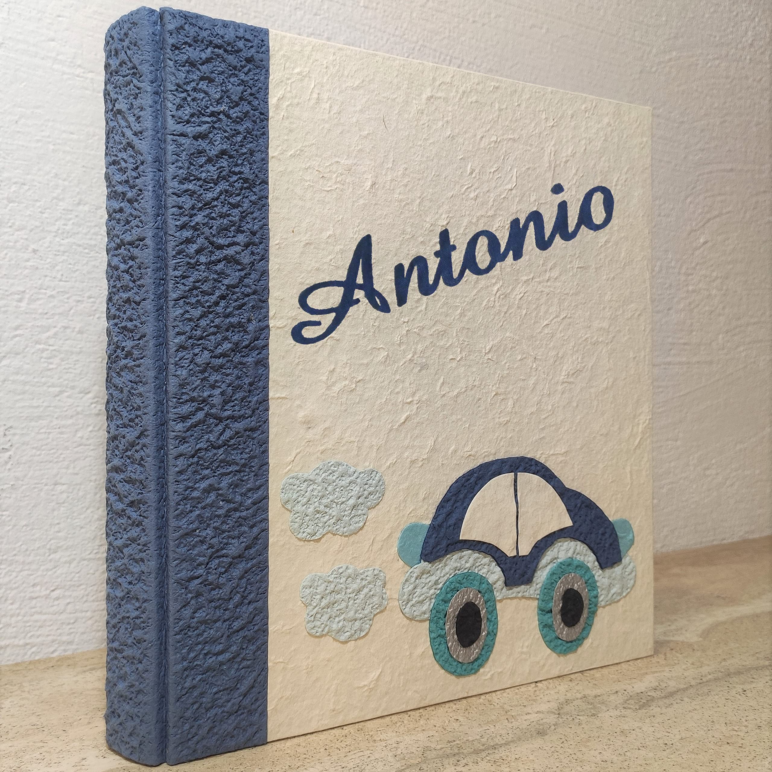 Album fotografico artigianale macchinina automobilina in carta luna con nome intagliato in tela personalizzabile regalo nascita battesimo compleanno vacanze bambino neonato