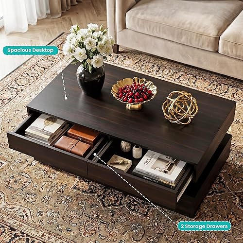 Miniatura 6 de Mesa de centro para sala de estar, mesa de centro moderna con 2 cajones de almacenamiento, mesa central de 2 niveles de madera con luces LED de 20
