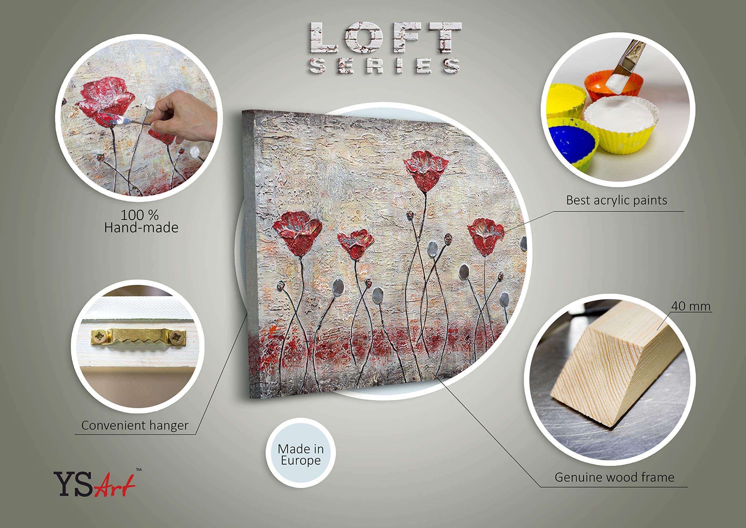 YS - Art Pittura astratta acrilica su tela papavero dipinta a mano quadri da parete soggiorno moderno decorazione per la casa design immagine marrone rosso grigio orizzontale vera arte 150 x 50 cm