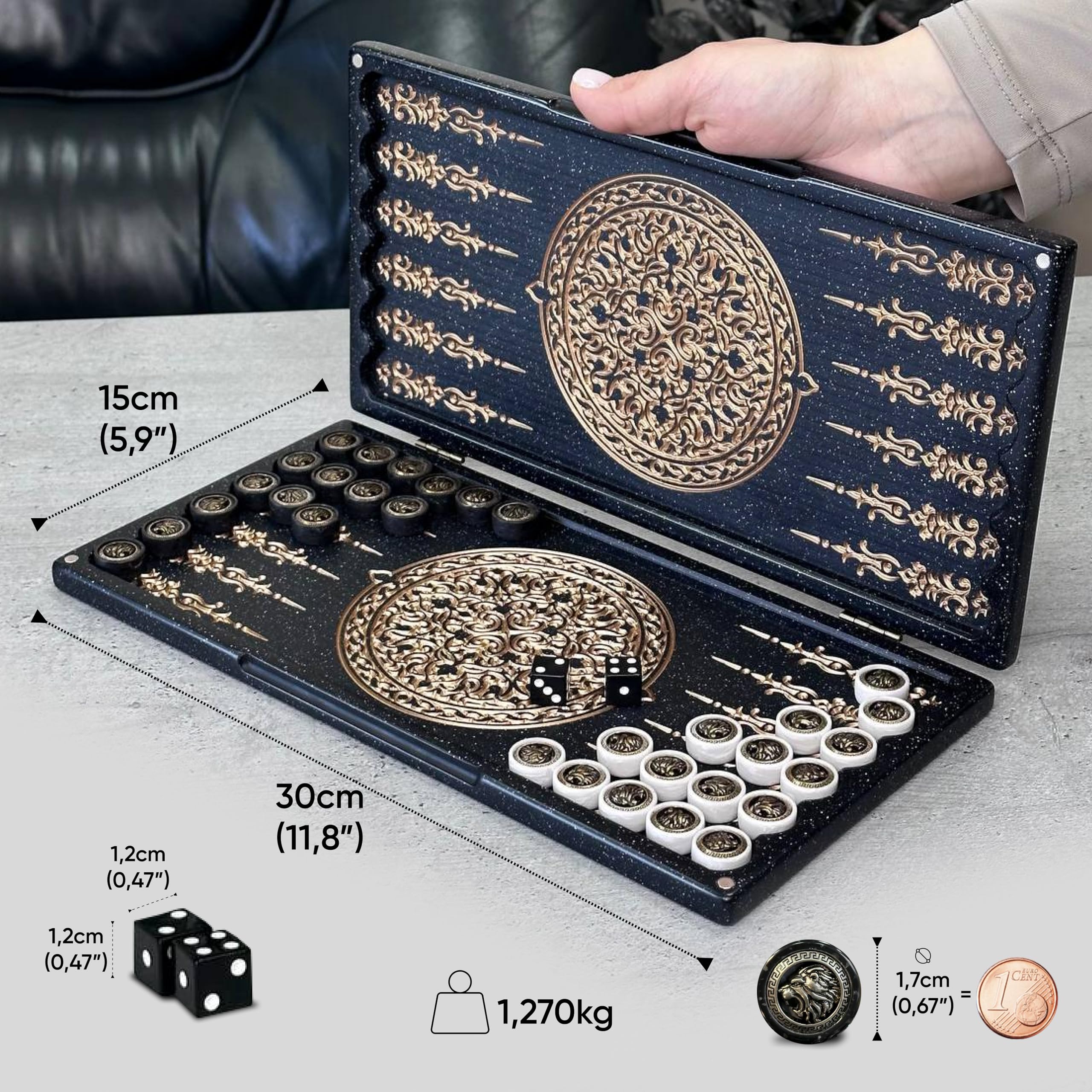 Backgammon de lujo "Golden Leon" – Juego hecho a mano de piedra acrílica y resina, tamaño mini 30 x 15 cm, listo para regalo, tamaño: 30 cm (11,8 pulgadas)