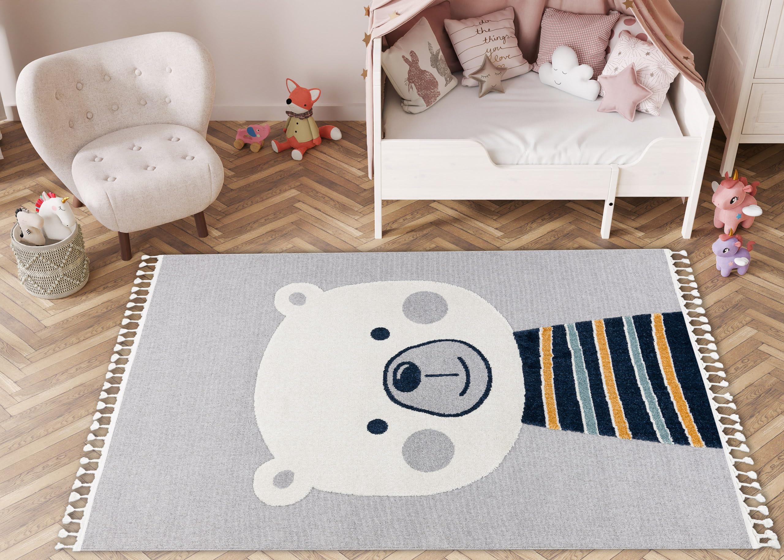 rugsx Tappeto per bambini YOYO GD50 Orsacchiotto, strutturali, sensoriali, frange, grigio/bianco 120x170 cm