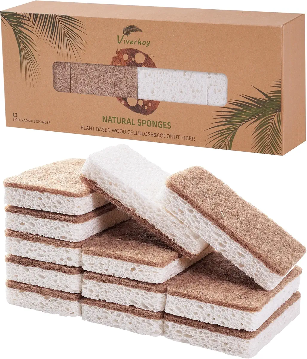 Viverhoy Natural Kitchen Sponge 12 Packs - Biodegradable Sponge - Eco-Friendly Sponge for Sustainable Living - Compostable Wood Cellulose and Coconut Washing Sponge.
