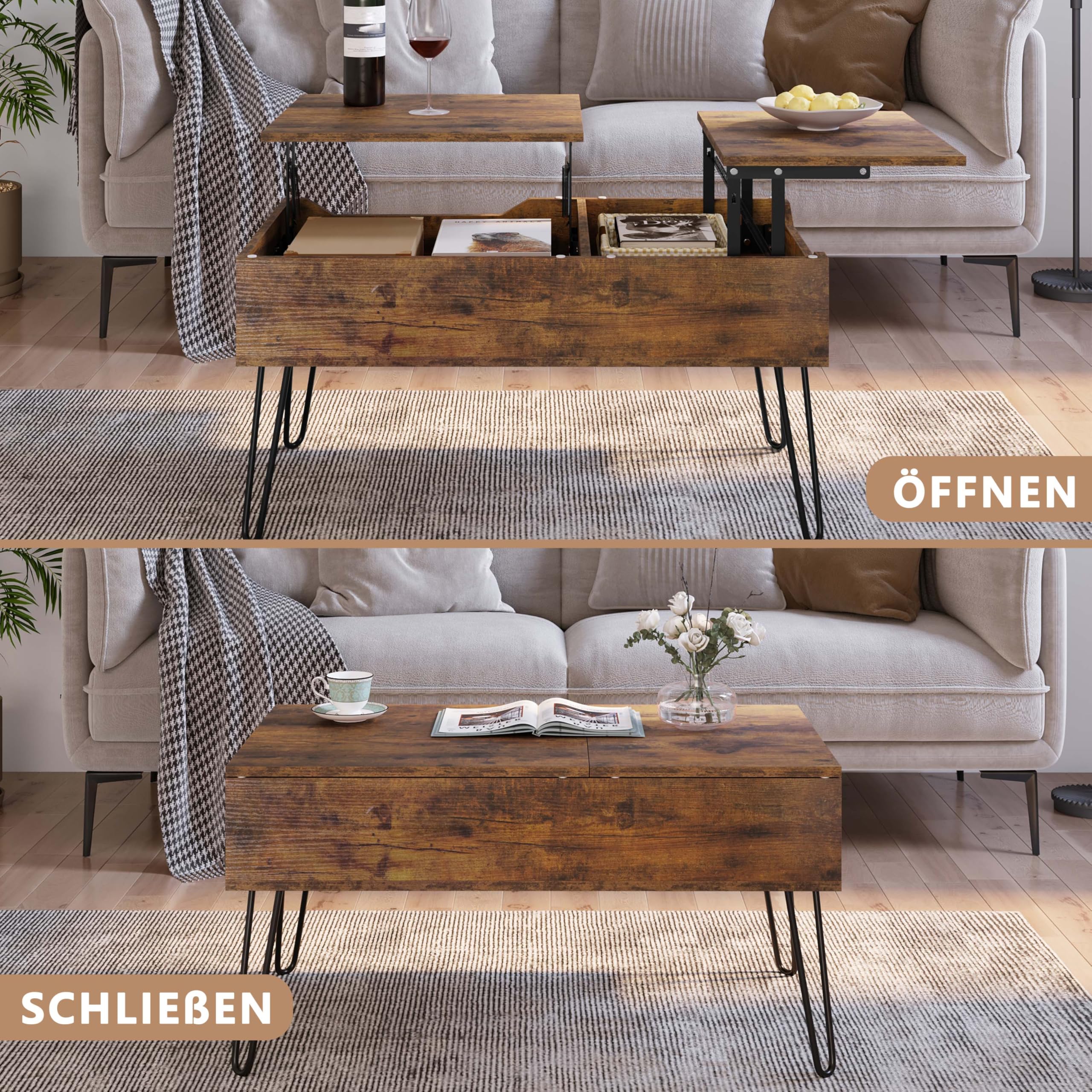 WOLTU Mesa de Centro Elevable y Extensible, Mesita Salón con Espacio Interno, Sofá Auxiliar con Patas Metálicas, Marrón Vintage, BTS14shm