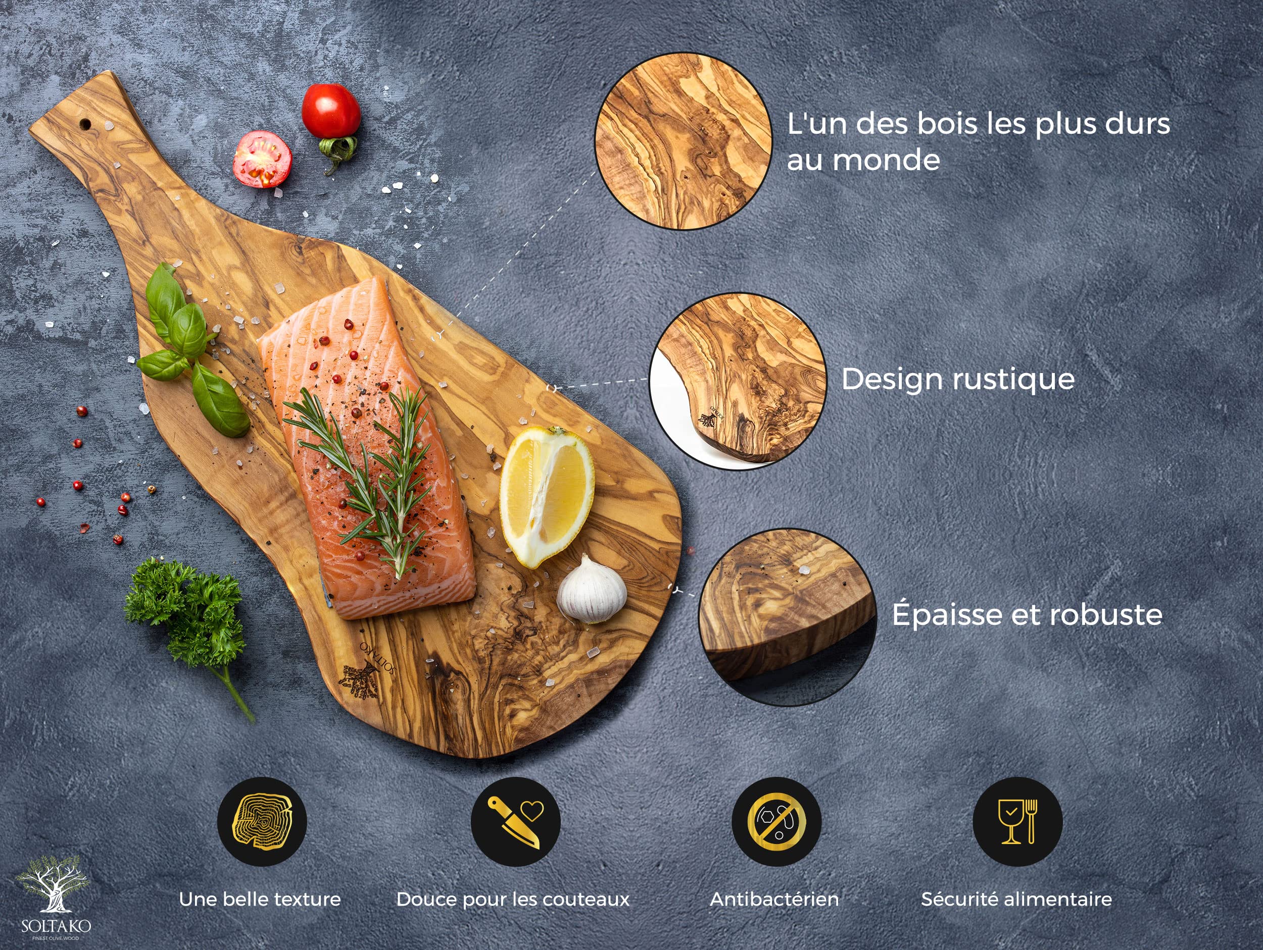 SOLTAKO Planche à Découper en Bois d’Olivier, Rustique avec Manche, pour Fromage, Robuste, Plateau Apéritif, Apéro artisanal (Long. env. 43–45 cm)