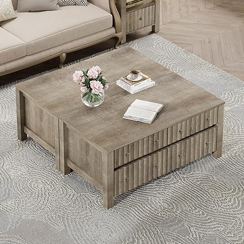 Miniatura 3 de WAMPAT Paquete de 2 mesas auxiliares modernas, mesa auxiliar rectangular con cajones de almacenamiento deslizantes, mesa central con patas de madera