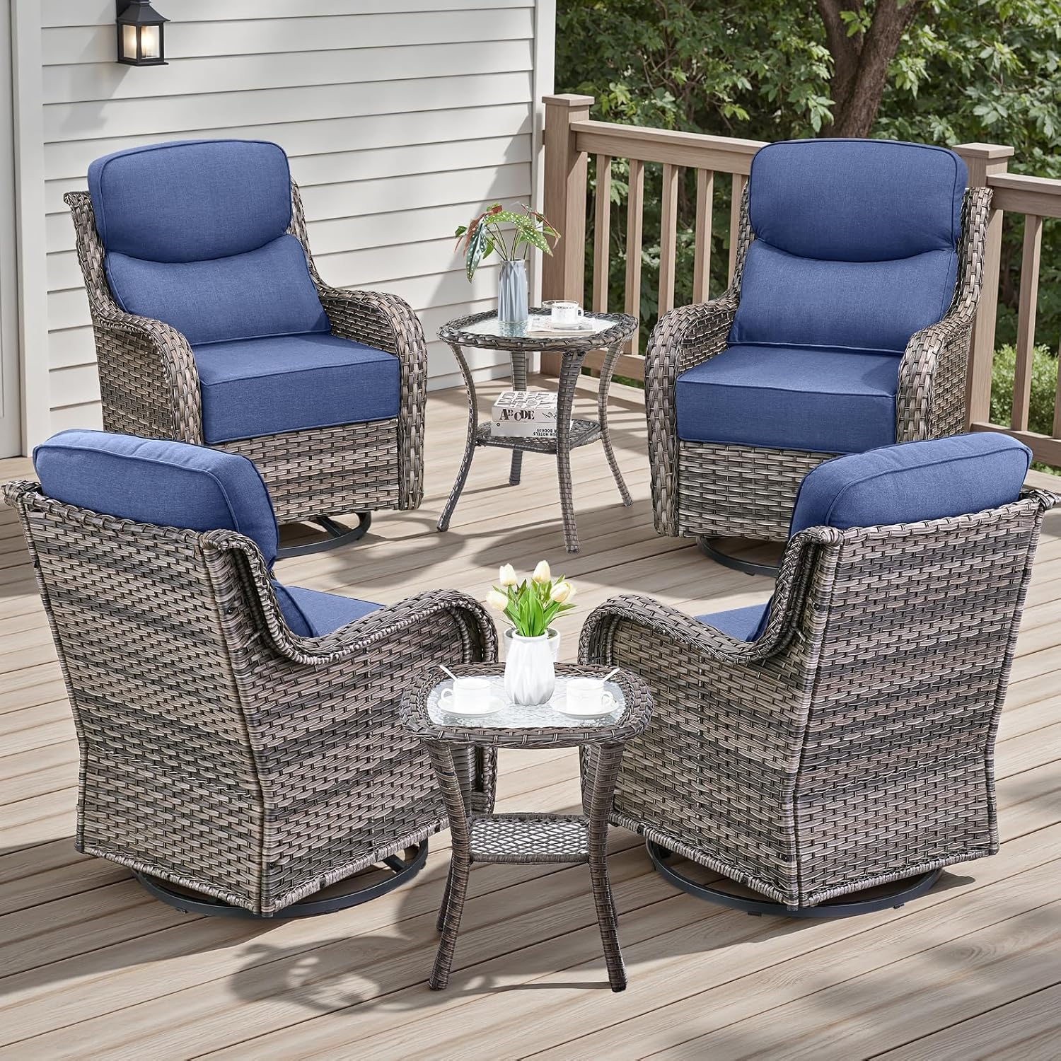 Rilyson Outdoor Patio Furniture Set - Weather Resistant Wicker,High Back,6 inch Cushions,6 Piece Patio Furniture Set with Swivel Rocker Chairs and Side Table for Deck Porch Yard,Mixed Grey/Blue