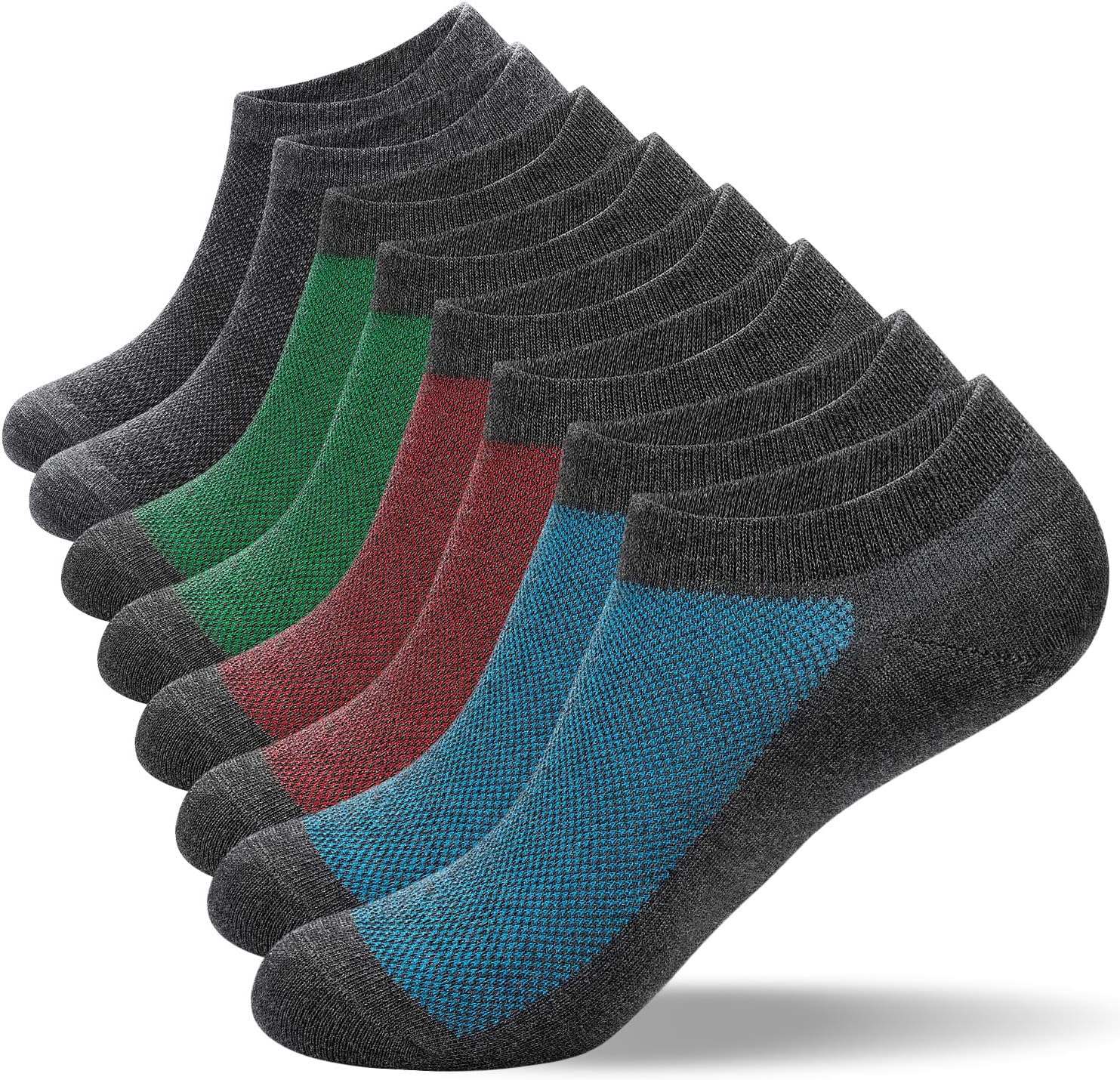anqier 8 Pairs Cotton Low Cut Socks for Men Women (Size 3-15) Trainer Running No Show Socks Breathable Short Socks (2*Dark Grey+2*Grey Red+2*Grey Blue+2*Grey Green, M- (UK 6-8/ EU 39-42))