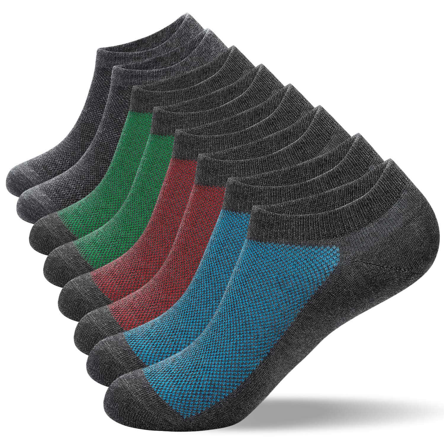 anqier 8 Pairs Cotton Low Cut Socks for Men Women (Size 3-15) Trainer Running No Show Socks Breathable Short Socks (2*Dark Grey+2*Grey Red+2*Grey Blue+2*Grey Green, M- (UK 6-8/ EU 39-42))