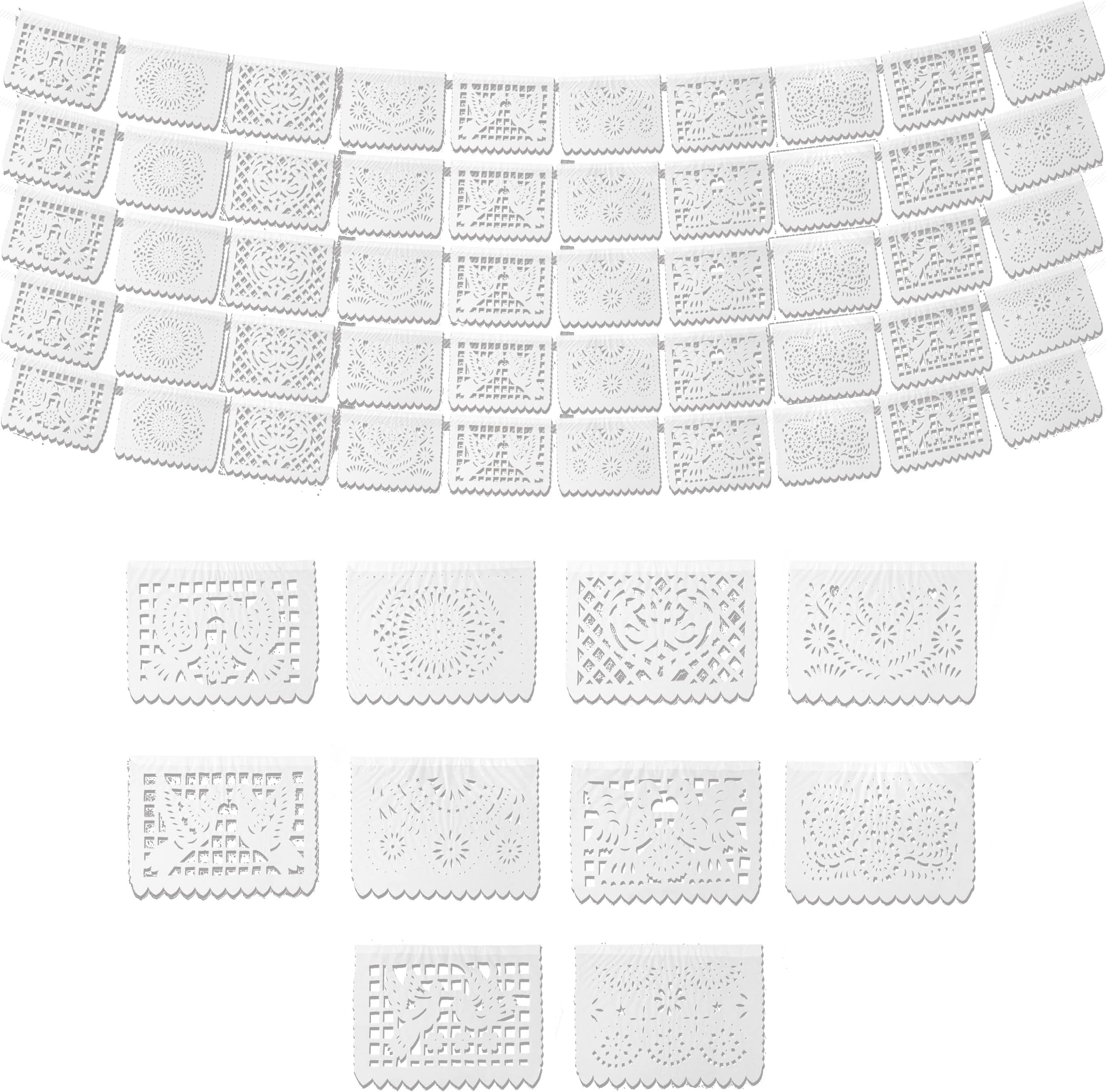 White Papel Picado Banner (5 Pack - 10 Tissue Paper Flag Designs per Banner/Not Plastic) - White Mexican Banners for Parties and Weddings - Mexican Themed Party Decorations - Papel Picado Mexicano