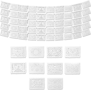 White Papel Picado Banner 5 Pack - 10 Tissue Paper Flag Designs per Banner/Not Plastic - White Mexican Banners for Parties and Weddings - Mexican Themed Party Decorations - Papel Picado Mexicano