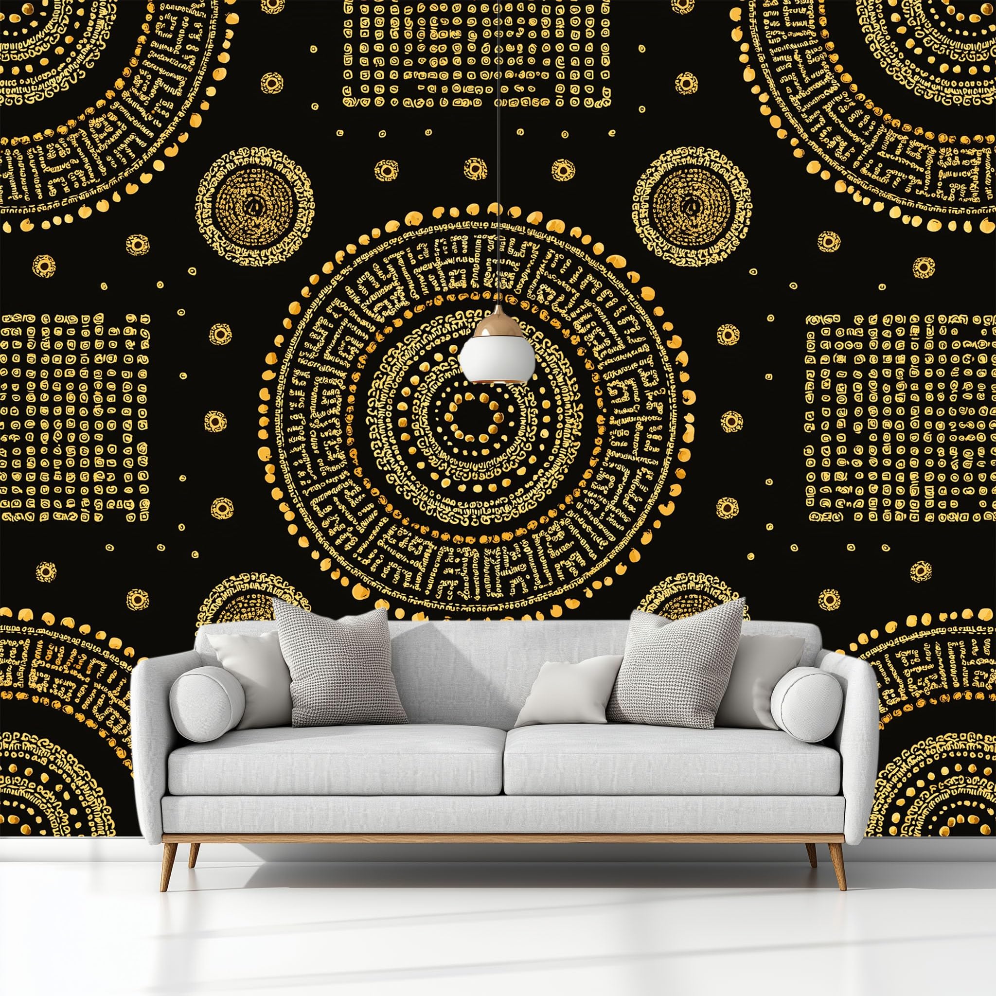Geometryczna tapeta plemienna panoramiczna w kropki, okrąg etniczny 200 x 140 cm, czarny, gigantyczny plakat ścienny, efekt 3D Trompe l'oko, dekoracja ścienna do salonu, pokoju dziecięcego i jadalni