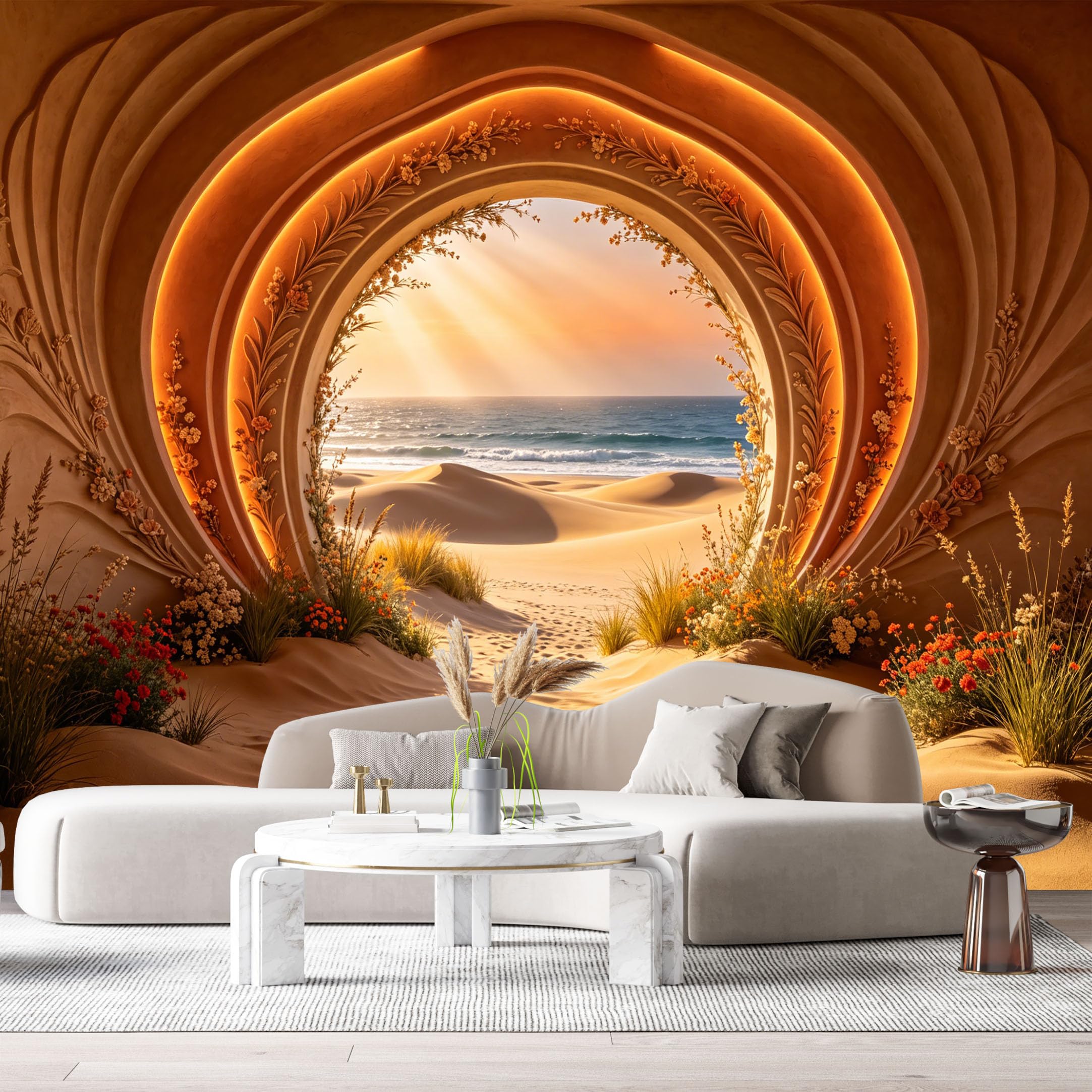 Custom Size Wall Murals Organic Tunnel Sunset Beach Floral 3D Trompe L'Oeil SelfAdhesiveWall Fabric Removable Wallpaper Wall Decor for Living Room Bedroom Bathroom