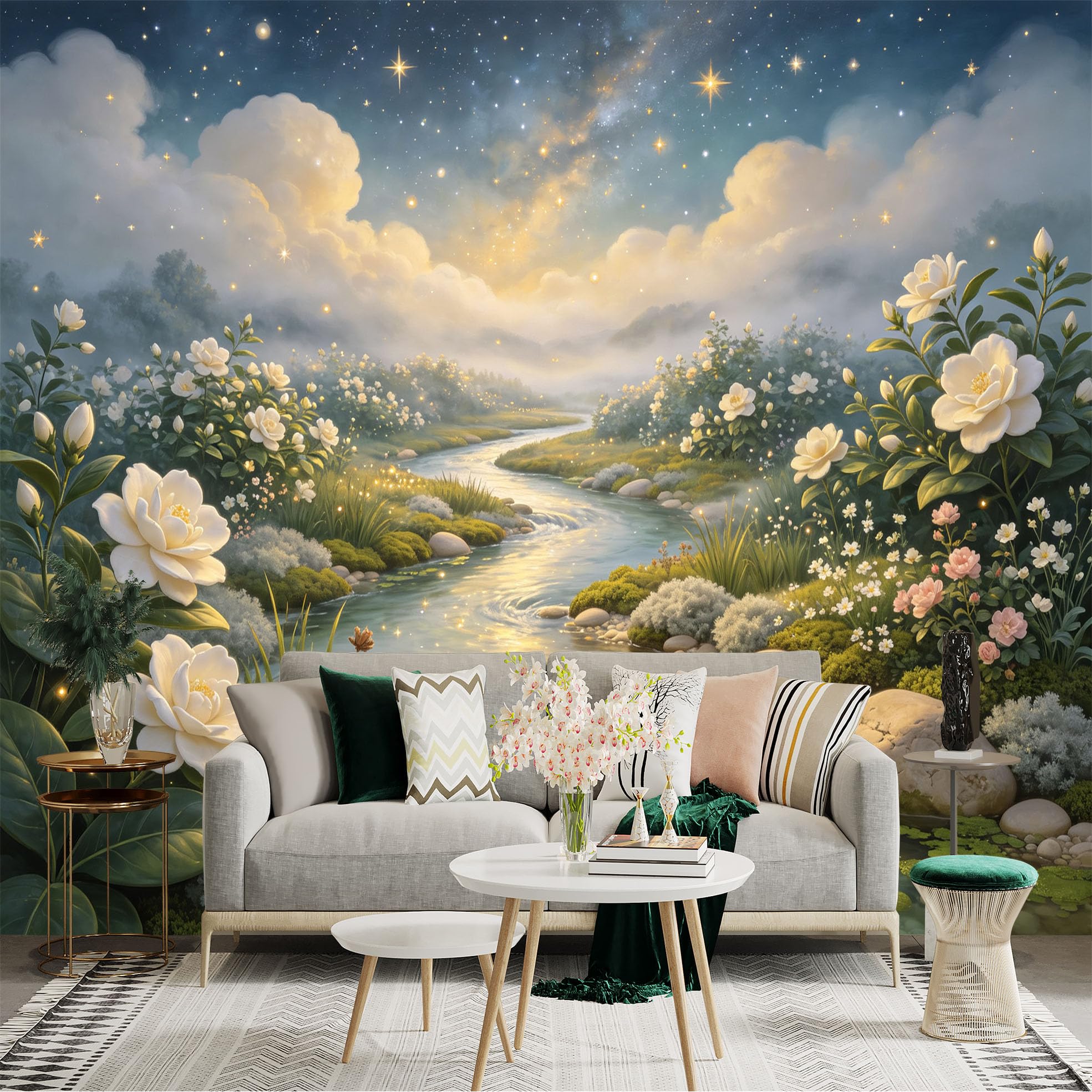 Lnzczhyre Bh260719384 Custom Size Wall Sticker Mural， Enchanted River With White Camellia Flowers， Glowing Starry Sky And Misty Landscape， For Wall Decoration， Peelandstick Wall Decals.