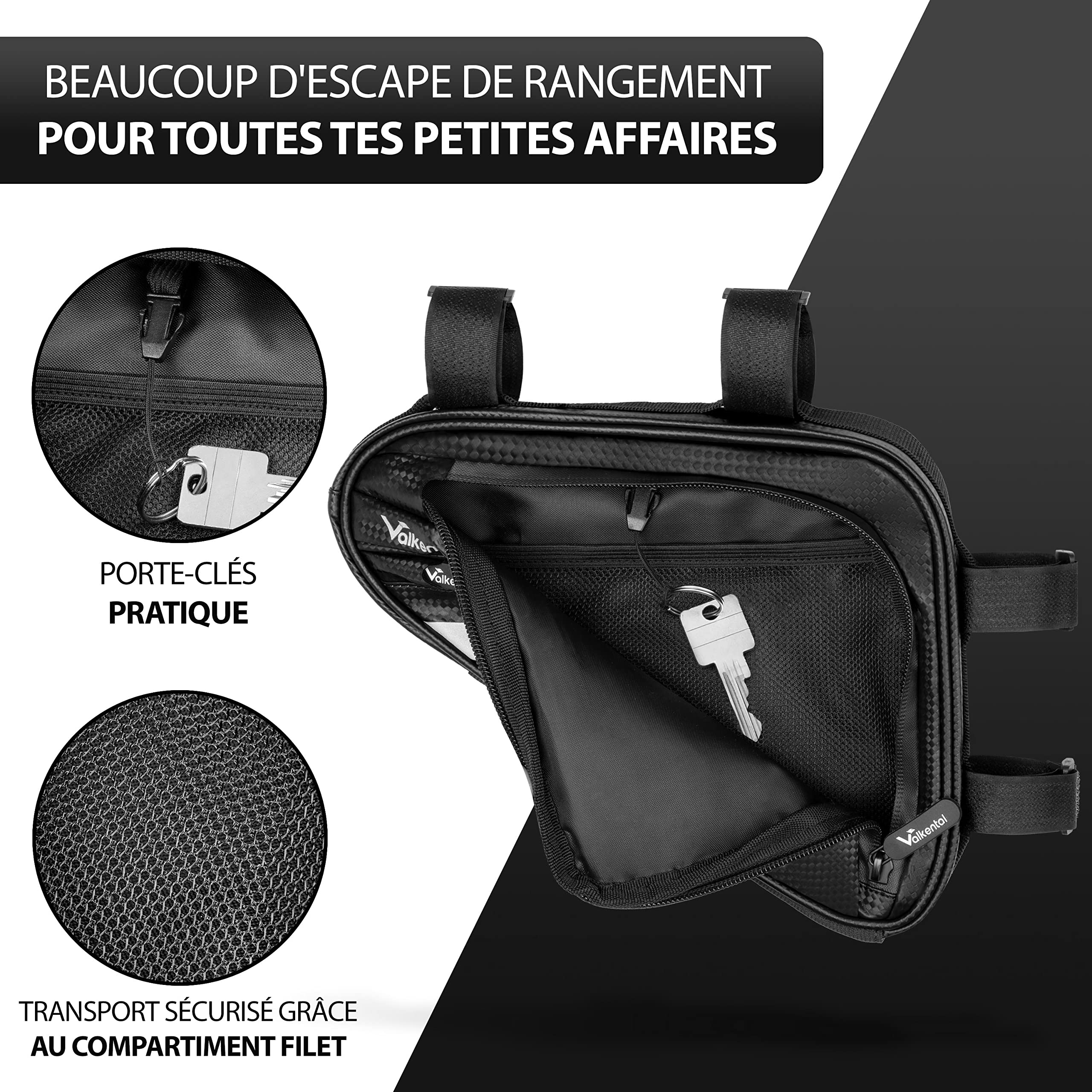 Valkental - Sacoche de Cadre Imperméable et Spacieuse - Volume 1,5L - Sacoche de Vélo avec Réflecteurs et Compartiments Pratiques