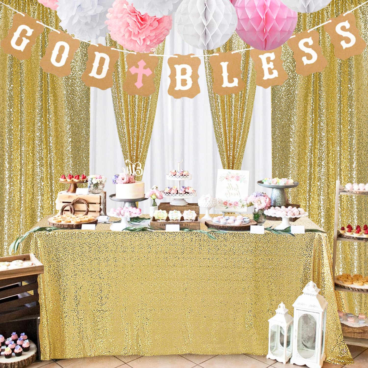 Lot de 2 rideaux à paillettes dorées de 2,4 m, pour photographie, décoration de fête de mariage