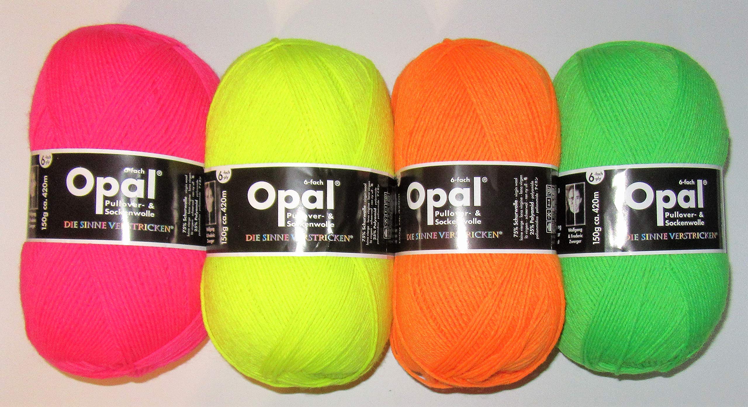 Opal Wolle Sockenwolle / 6 ply/fädig / 4 x 150g. / Neonfarben/Die Sinne verstricken/GP:9,26€-100g.