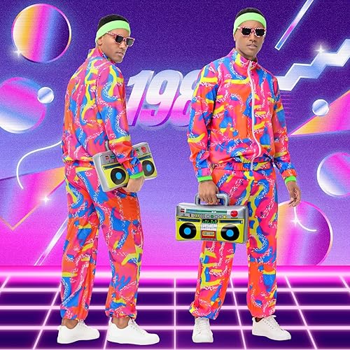 Miniatura 4 de Traje de los años 80 para hombres y mujeres, traje retro neón de los años 90, traje de entrenamiento para fiestas de hip hop, ropa deportiva