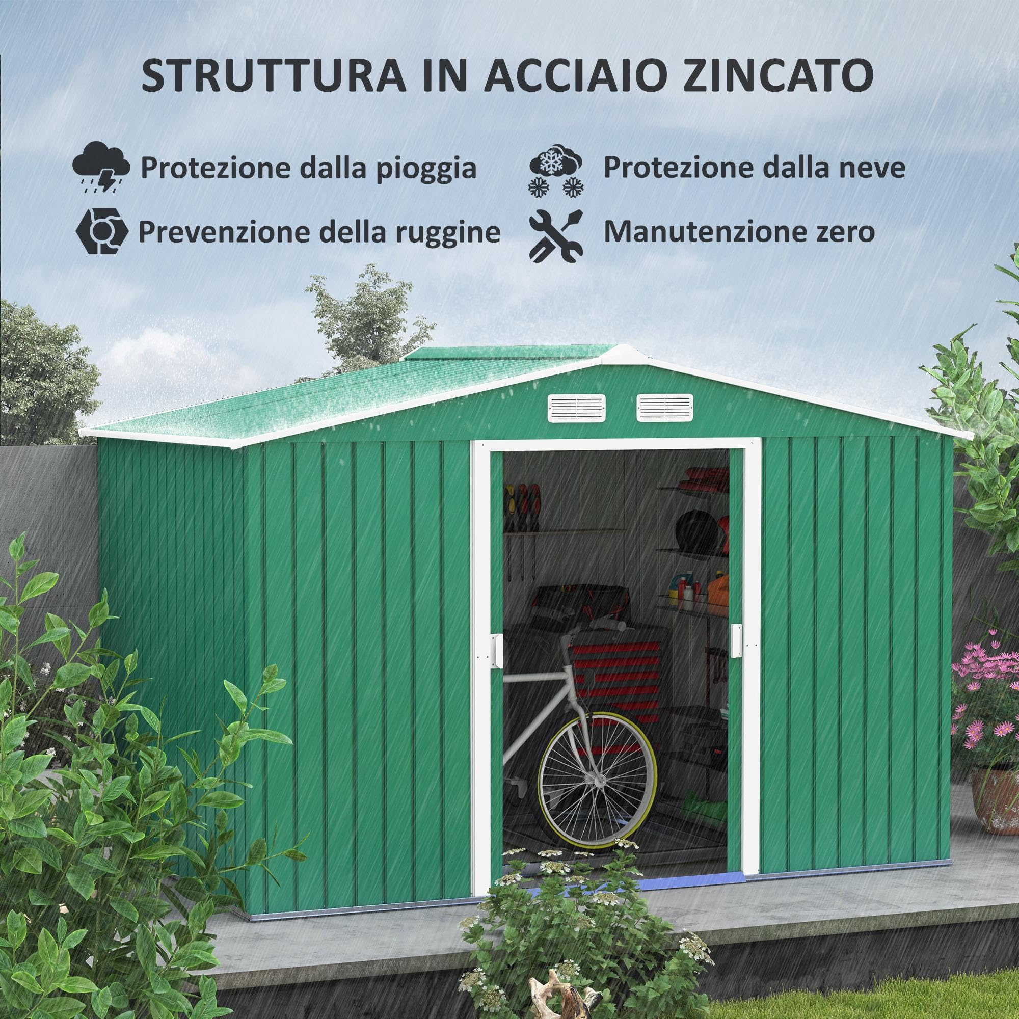Outsunny Casetta da Giardino 4.9 m² Lamiera d'Acciaio 277x195x192 cm Verde Scuro