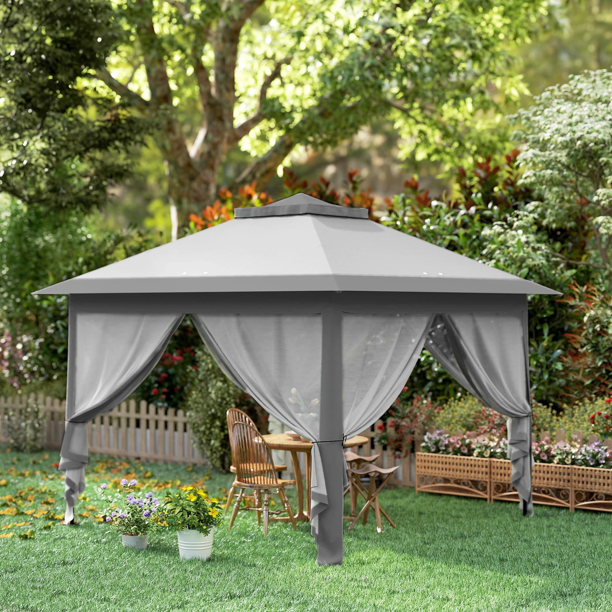 Outsunny Gazebo Pop Up 3.3x3.3 m Regolabile in Altezza su 3 Livelli con Zanzariere, Gazebo da Esterno con Tetto Doppio, Pannelli Laterali e Borsa da Trasporto in Metallo e Tessuto Oxford, Grigio