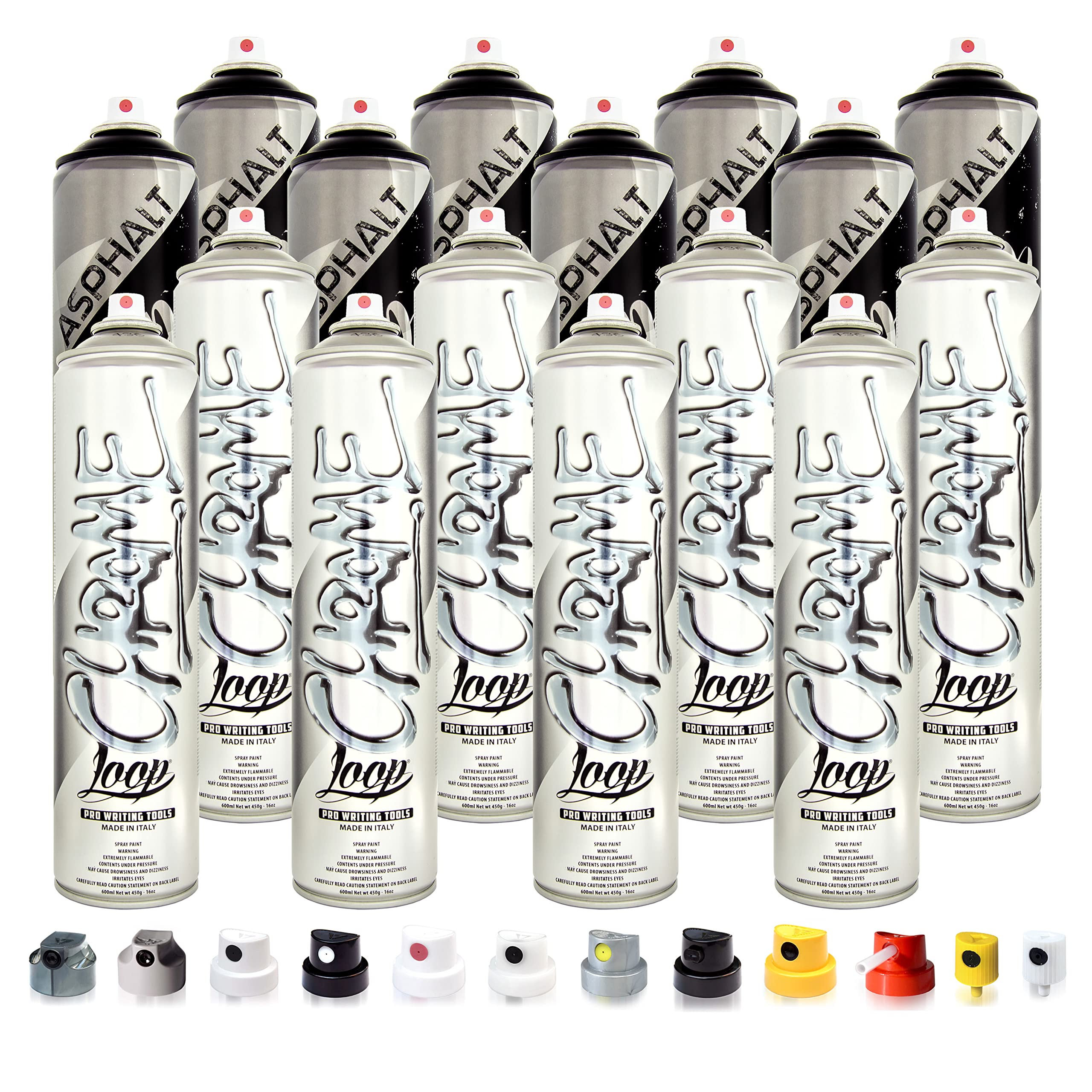 Betterrun LOOP Sprühdosen Set Silber Schwarz - 16 x 600ml Acryllack + 10x Sprühaufsätze - Graffiti Spray Cans