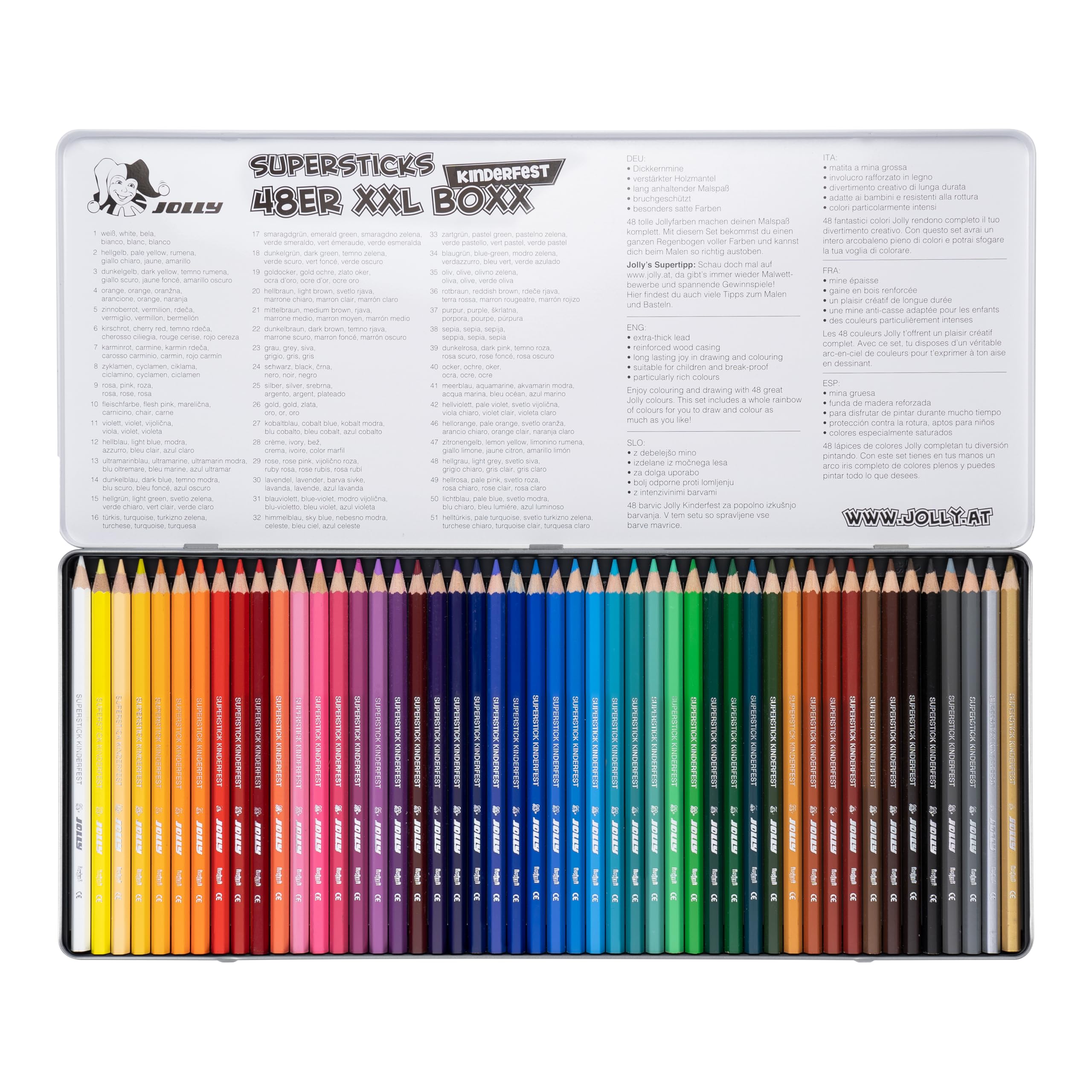 JOLLY, Boxx Magic, 48 penne colorate in legno di tiglio, infrangibili e atossici, colori ricchi e brillanti, con righello, made in Austria